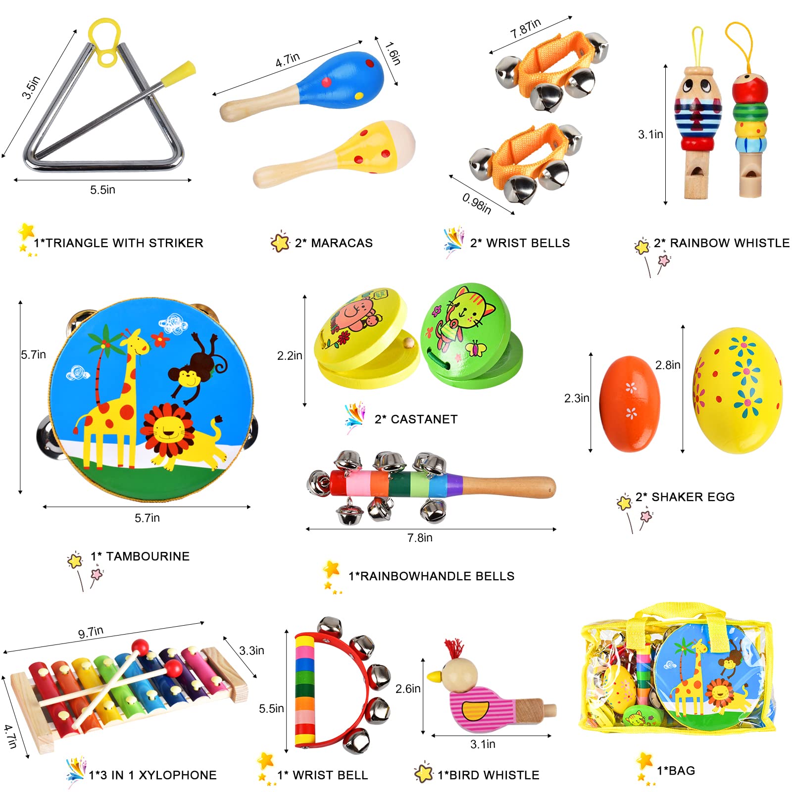 20-Piece Kids Musical Instruments Set - Wooden Shakers, Tambourine, Xylophone & Percussion Toys for Early Learning | Perfect Gift for Boys & Girls with Carrying Bag | Ideal for Preschool Music Class, Birthday Parties & Home Playtime