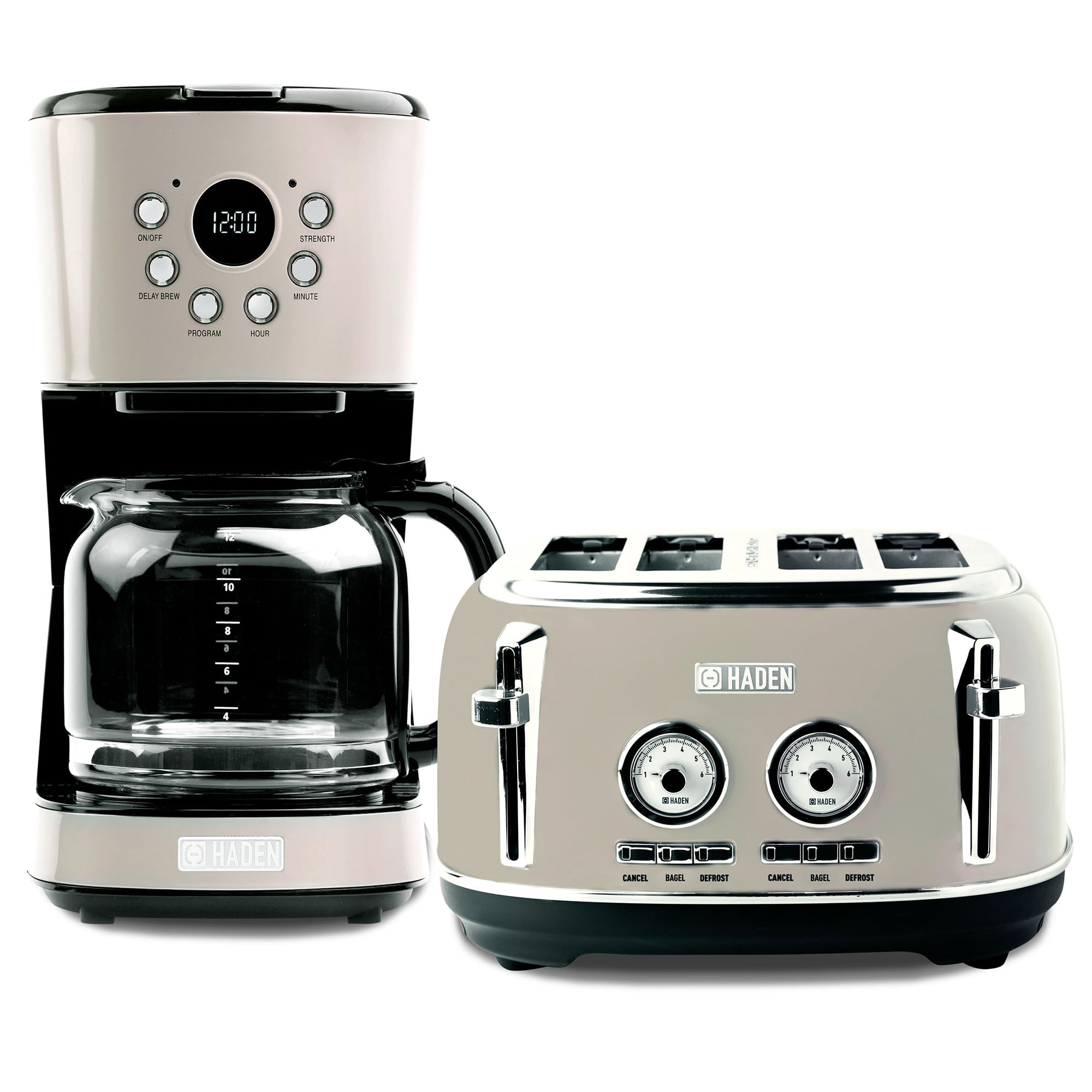 Haden 12 Cup Programmable Drip Coffee Maker with Dorset 4-Slice Wide Slot Stainless Steel Toaster Set - Perfect for Home Kitchen, Office, and Breakfast Nook - Putty & Chrome Finish