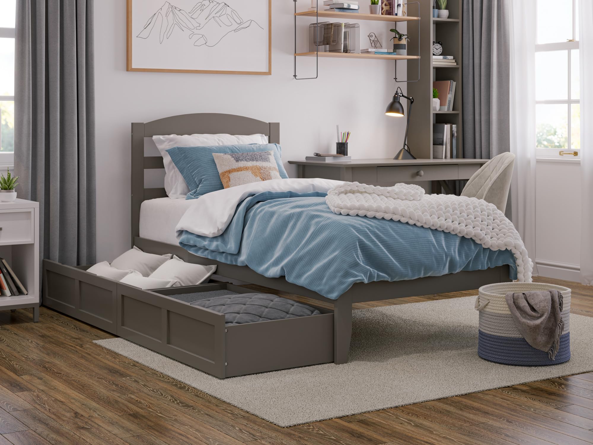 AFI Warren Twin XL Platform Bed Frame with 2 Storage Drawers & Built-in USB Charger - Space Saving Grey Bed for Small Rooms, Dorm & Guest Bedroom