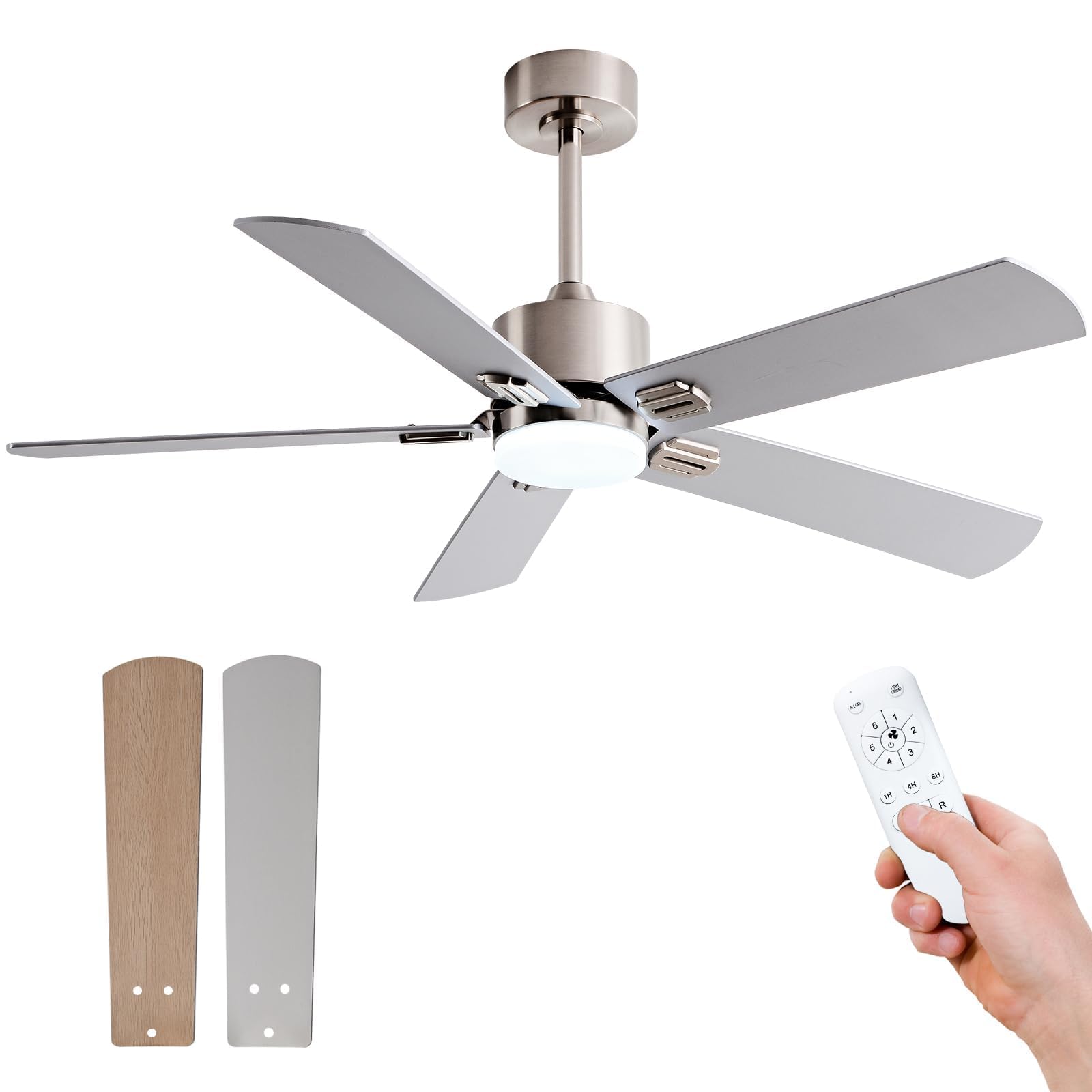 48 Inch Modern Ceiling Fan with Lights and Remote Control - 5 Blade Brushed Nickel Ceiling Fan for Bedroom, Living Room - 3 Color LED Light, Reversible 6 Speeds, Memory Function, Ultra Quiet DC Motor - Perfect for Home, Office and Indoor Spaces