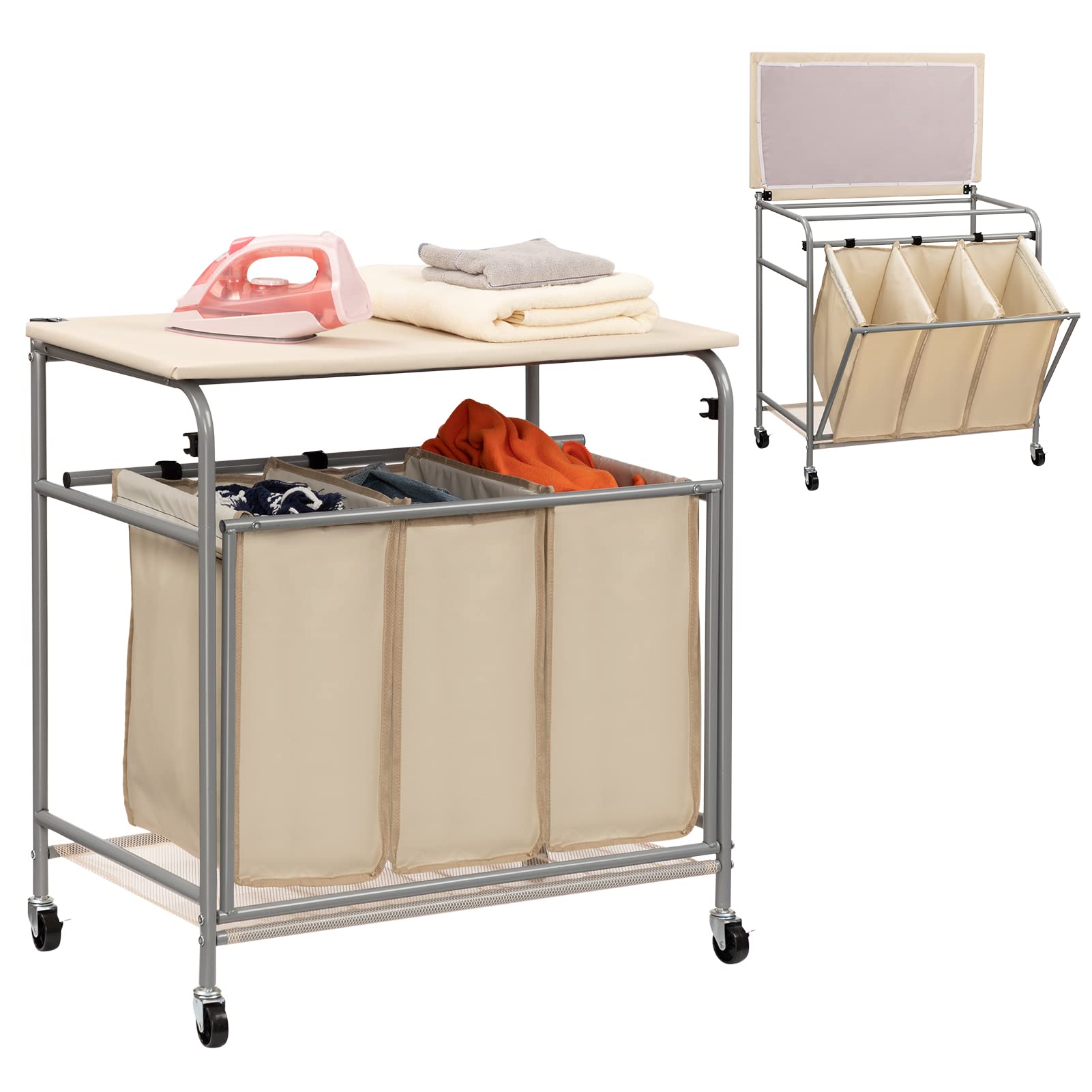 ALIMORDEN Heavy Duty 3-Bag Rolling Laundry Hamper Sorter Cart with Ironing Board & 4 Wheels - Beige | Space-Saving Laundry Organizer for Bedroom, Closet or Laundry Room