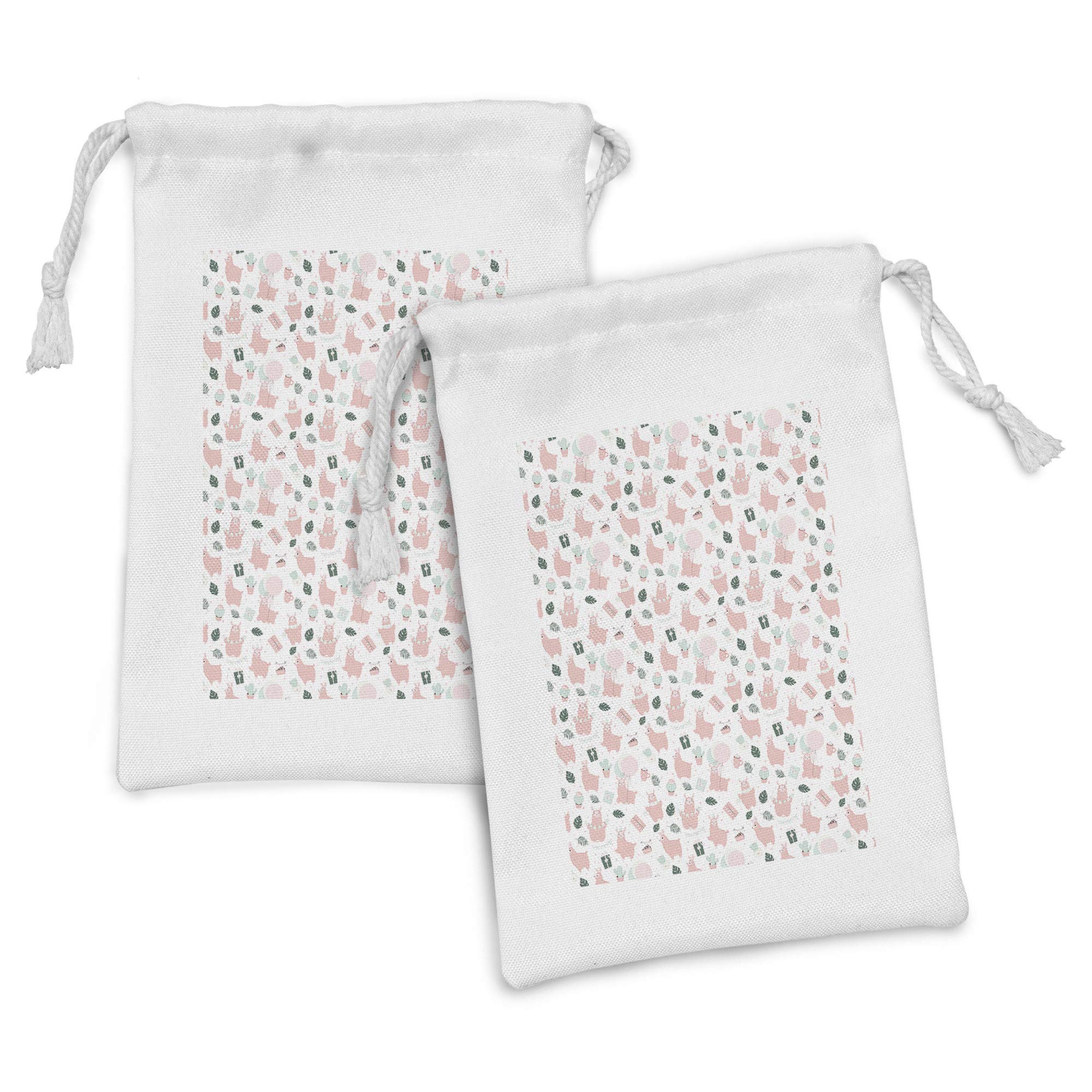 Ambesonne 2-Pack Llama Fabric Pouch Set - Fluffy Animal Cactus Cartoon Drawstring Bags (9