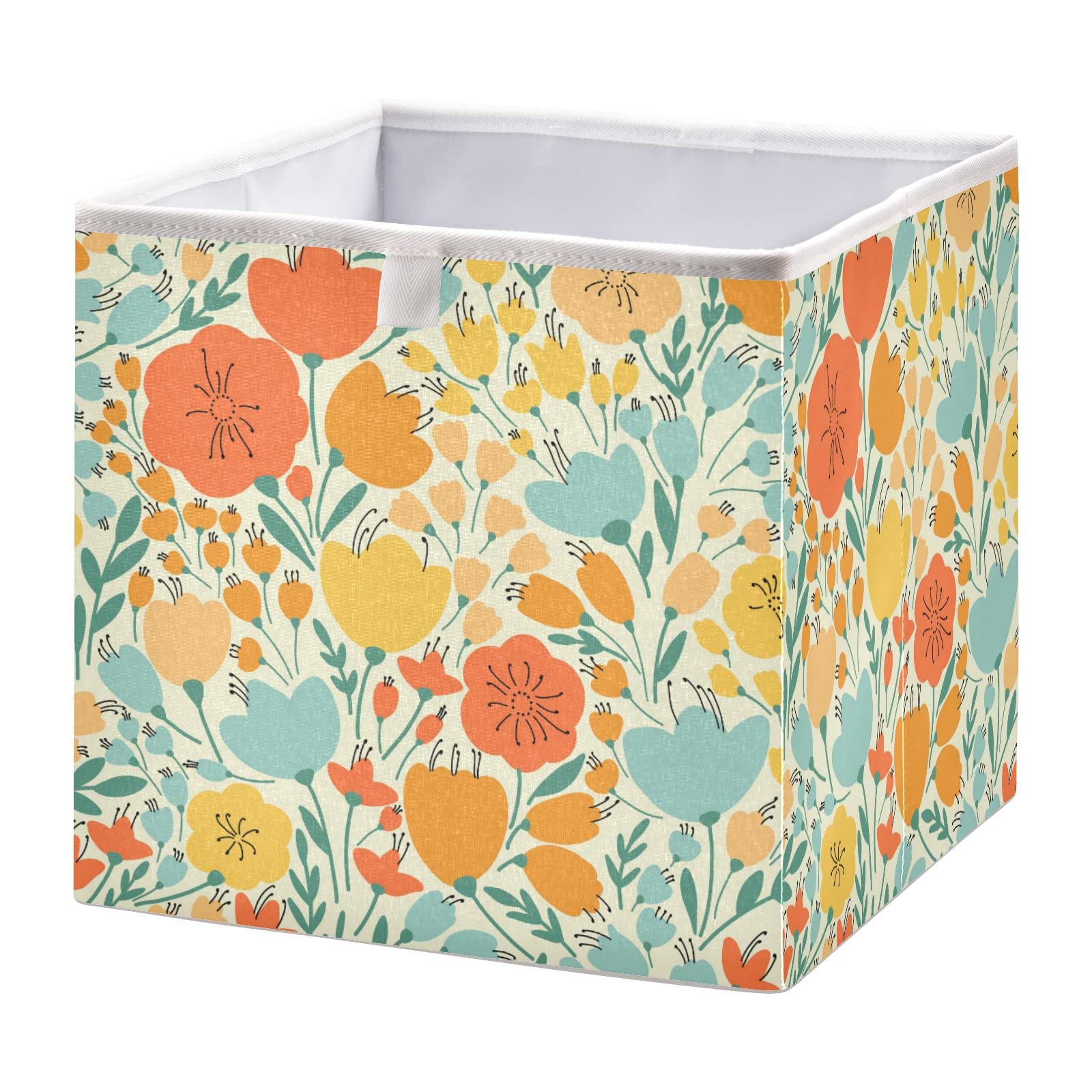Foldable Collapsible Storage Baskets with Yellow Pink Flowers - 11 x 11 Inch Fabric Cube Bins for Pantry, Nursery, Closet & Home Organization | Perfect for Toys, Shelves & Space-Saving Storage