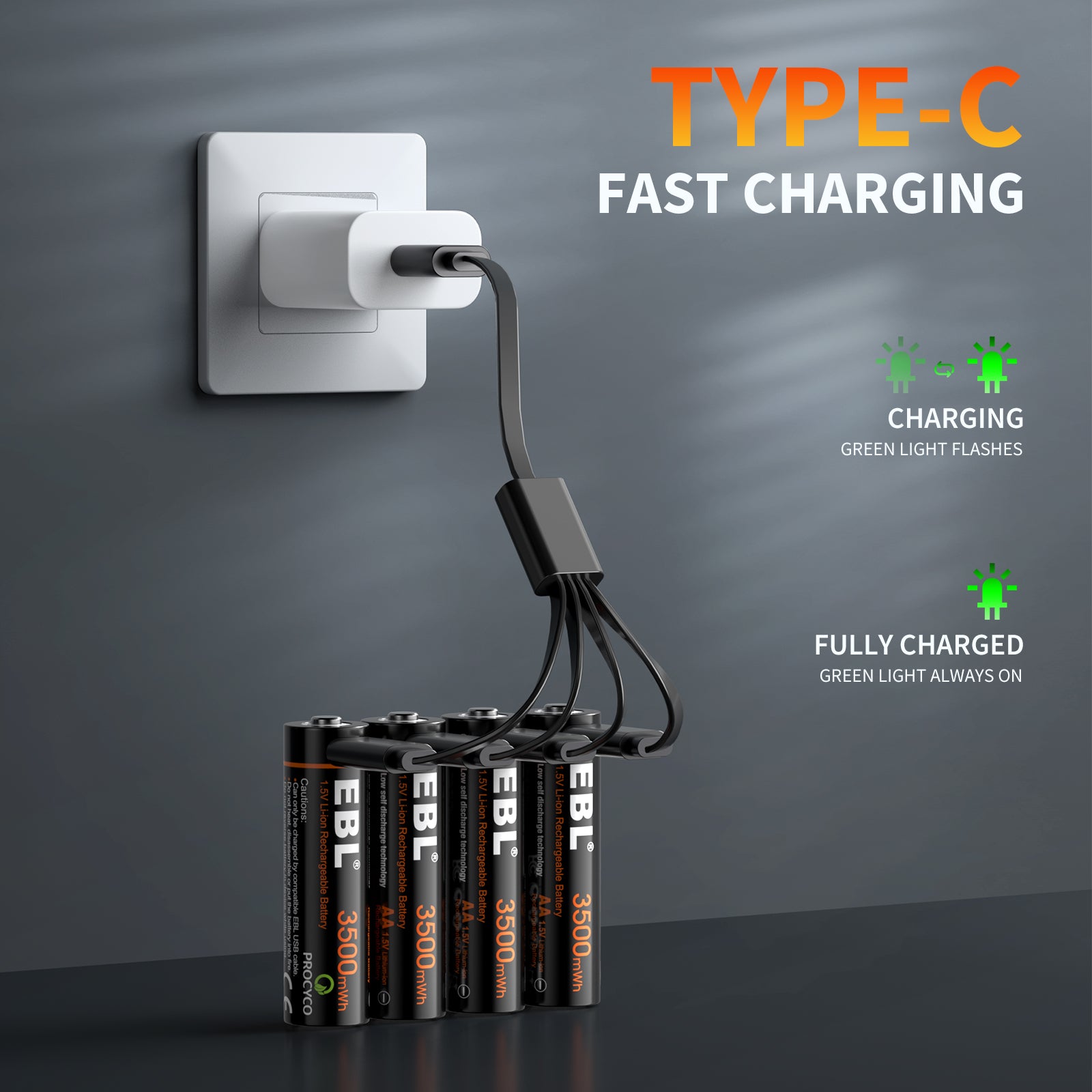 EBL 4-Pack Rechargeable AA Lithium Batteries 3500mWh with USB-C Cable - Long-Lasting Power for Cameras, Flashlights, Gaming Controllers & Smart Home Devices