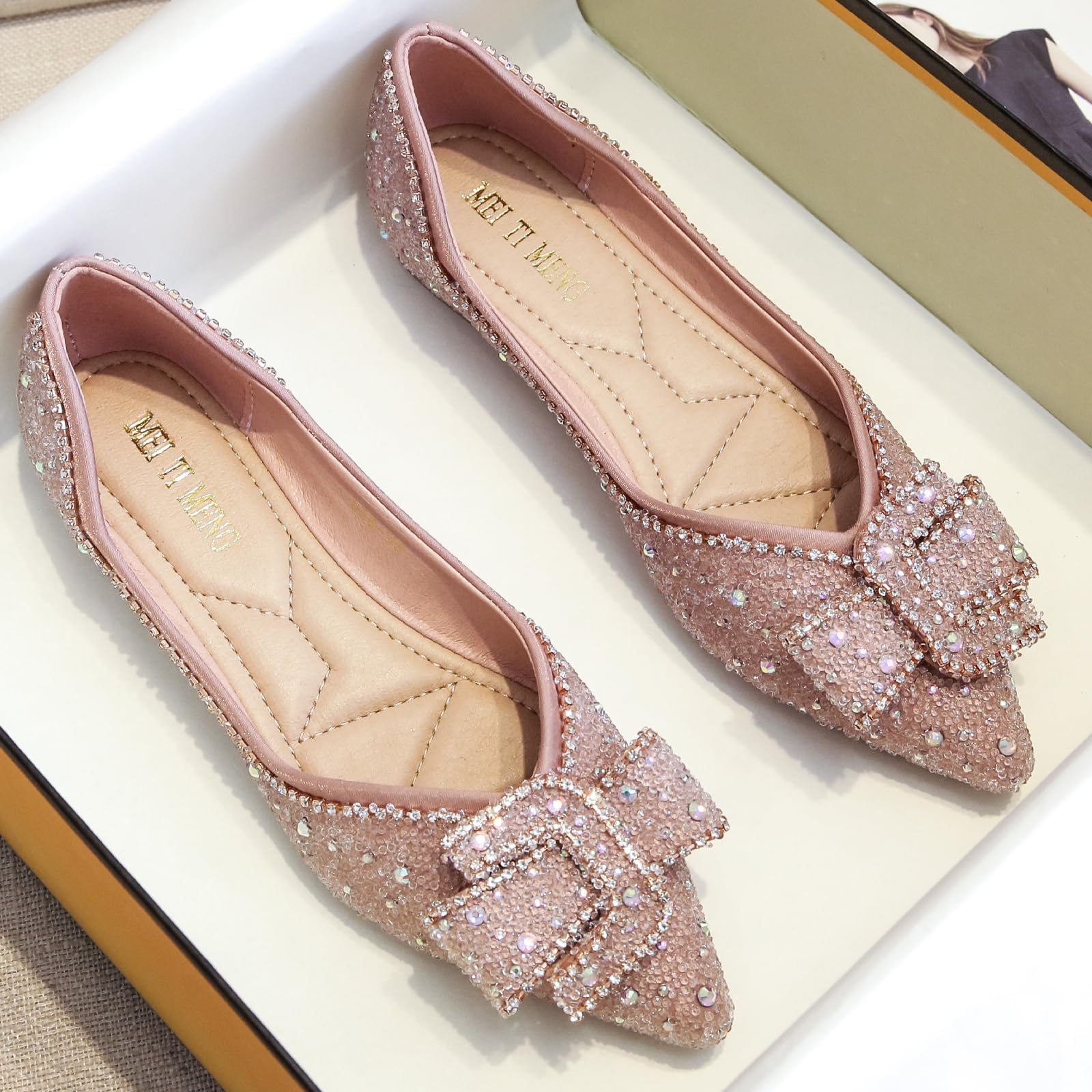 Sparkly Rhinestone Pointed-Toe Flats for Women - Elegant Glitter Flower Wedding Shoes & Comfortable Dress Shoes for Brides, Bridesmaids, Prom, Party & Special Occasions