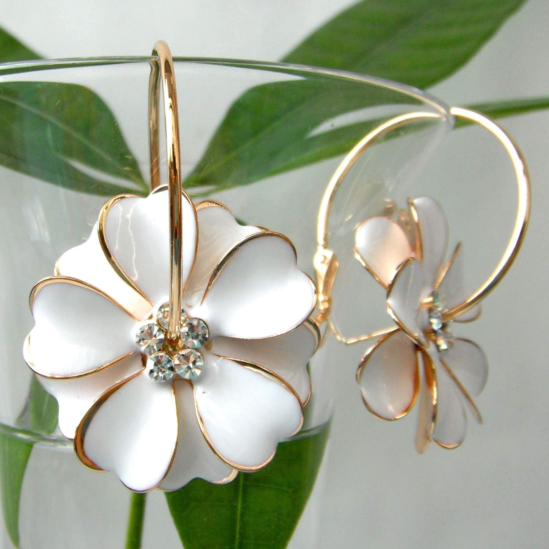 Navachi 18k Gold Plated Enamel Flower Crystal Hoop Earrings - 3cm Diameter | Elegant Dangle Earrings for Women | Perfect for Weddings, Parties & Everyday Wear