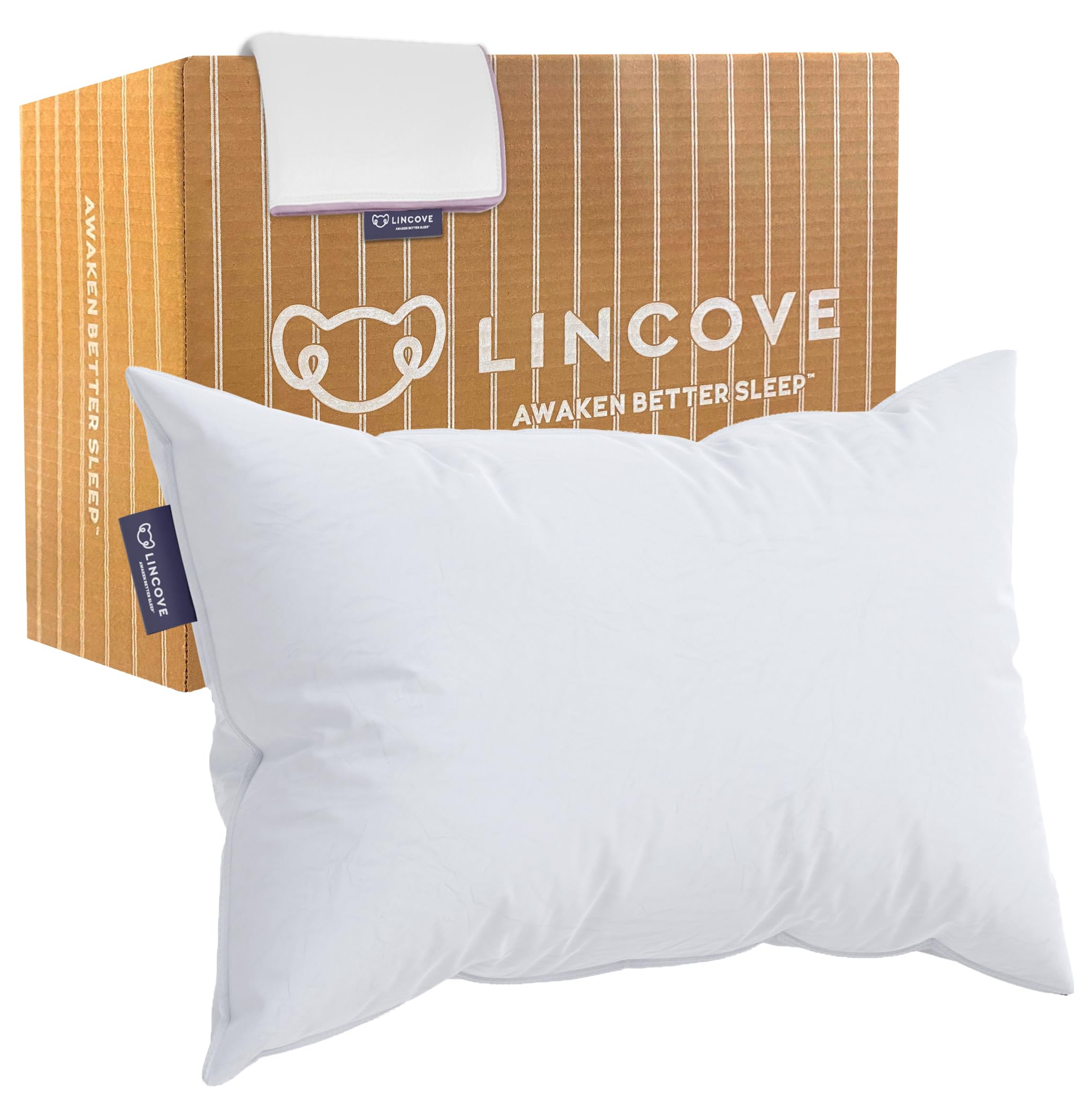 Premium Down Filled Lincove Recreation Sleeping Pillow - 600 Fill Power, 400 Thread Count Pillow Shell with Protector - Queen Size Firm Support (1 Pack) for Hotels, Guest Rooms & Luxury Bedding