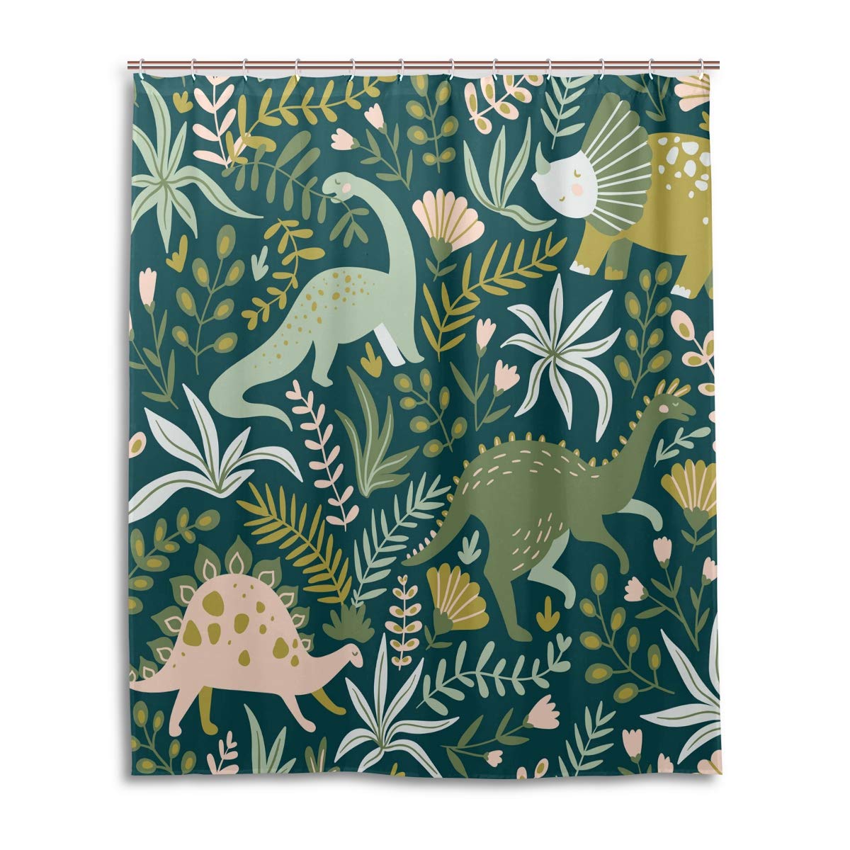 Dinosaurs and Leaves Waterproof Shower Curtain 60x72 Inch - Kids Bathroom Decor with Hooks, Polyester Fabric for Bath & Shower - Perfect for Children's Bathroom, Dinosaur Theme Nursery, or Playful Home Decor