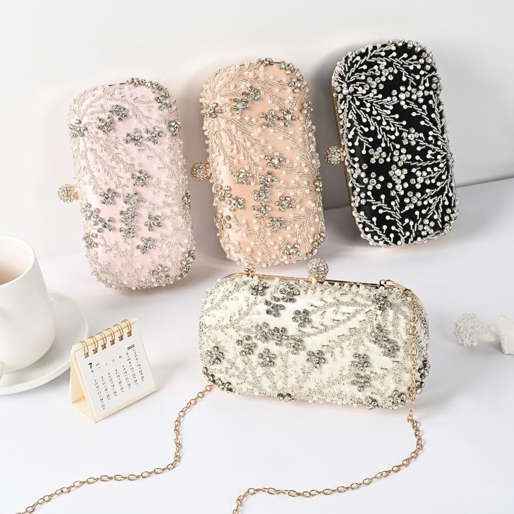 Elegant Rhinestone & Pearl Clutch Purse for Women - Wedding, Prom, Cocktail Party & Evening Events - Sparkling Formal Handbag for Special Occasions