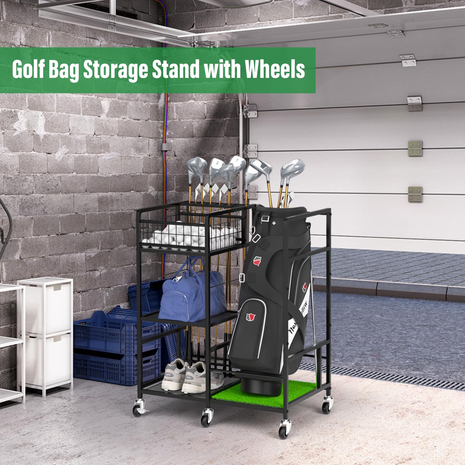 Premium Golf Bag Organizer - Heavy Duty Metal Golf Club Holder with Side Storage Pockets | Freestanding Golf Stand for Clubs & Accessories | Perfect for Home, Garage & Golf Course Organization