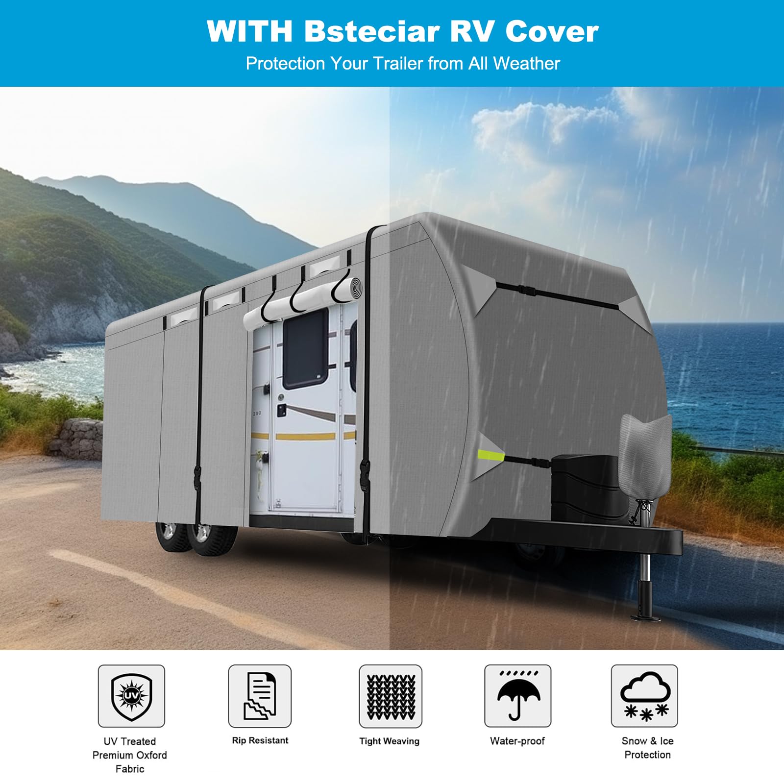 Upgraded 300D Oxford Fabric RV Travel Trailer Cover (14-16 FT) - Waterproof Camper Cover with Tongue Jack Cover & Windproof Ropes | Heavy-Duty Protection for Outdoor Storage & Winter Use