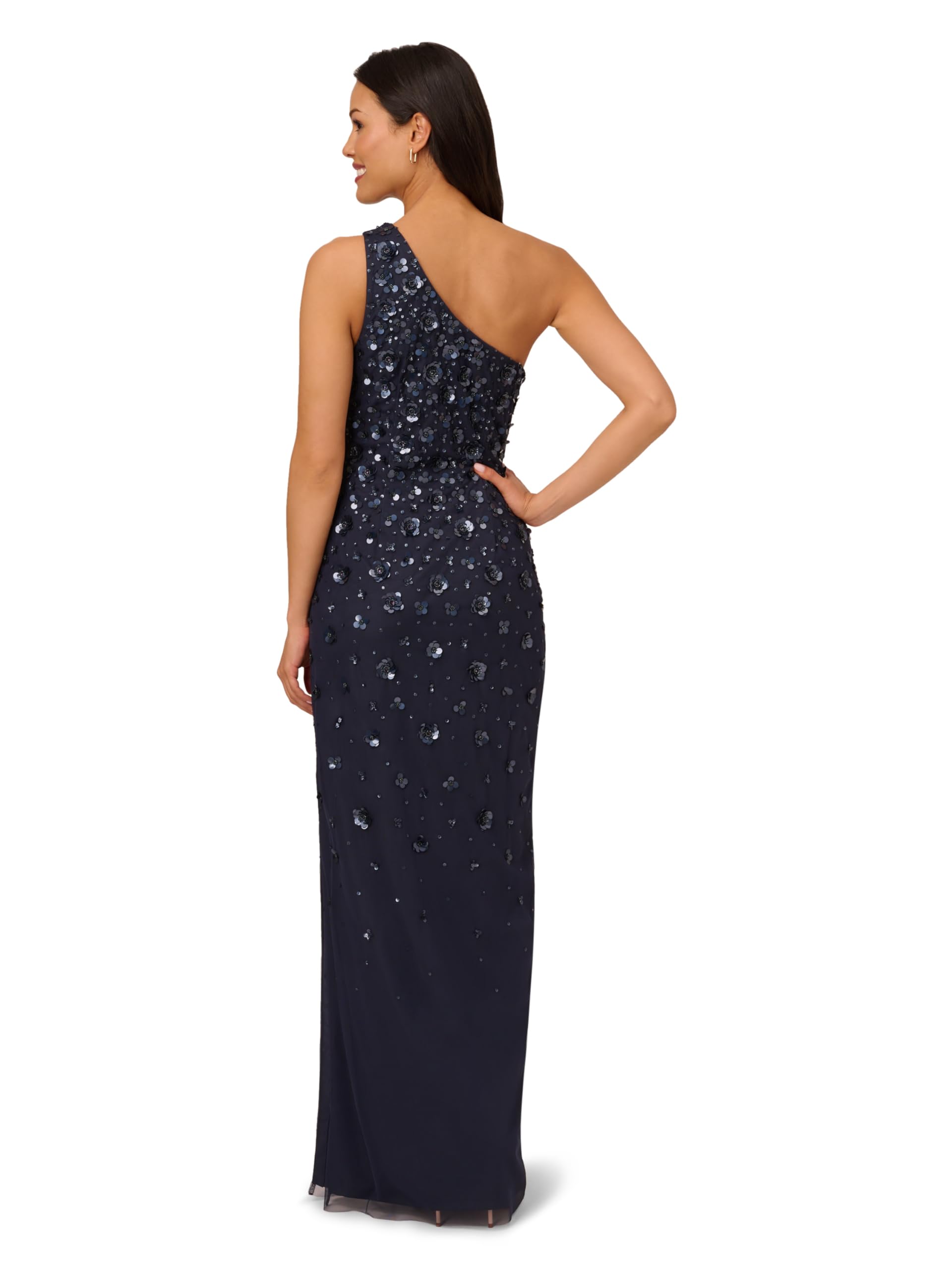 Adrianna Papell Women's One Shoulder Beaded Evening Gown in Dusty Navy - Perfect for Prom, Black Tie Events & Formal Occasions