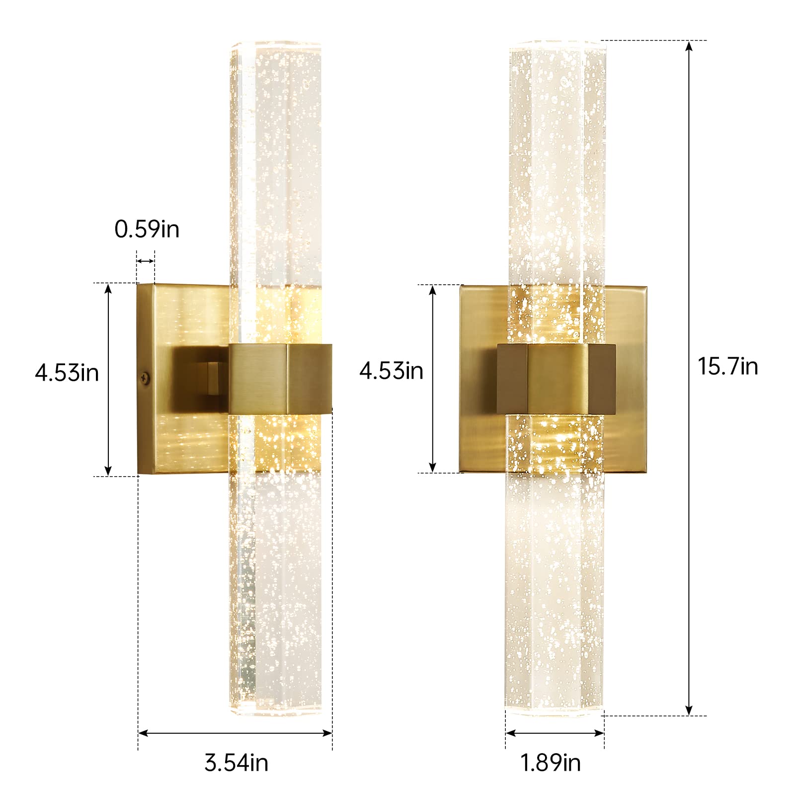 Gold Wall Sconces Set of 2 - 14W Dimmable LED Crystal Bathroom Light Fixtures with Bubble Glass (15.7 Inch) - Indoor Vanity Lighting for Bathroom, Hallway & Bedroom (2 Pack) | Perfect for Modern Home Décor & Ambient Lighting