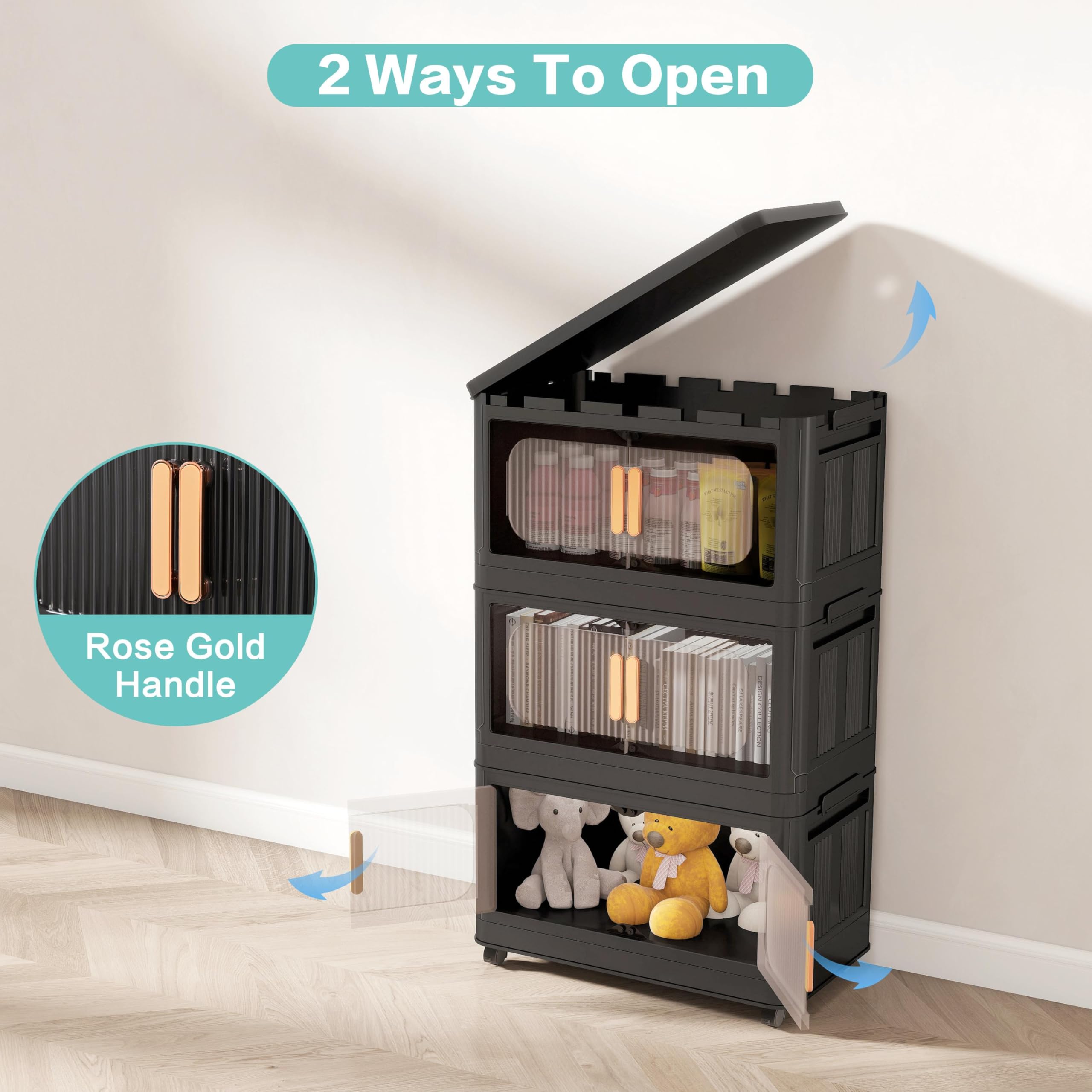 Collapsible Storage Bins with Magnetic Door - 5-Tier Plastic Storage Cabinet with Wheels, Black Folding Organizer (19.69