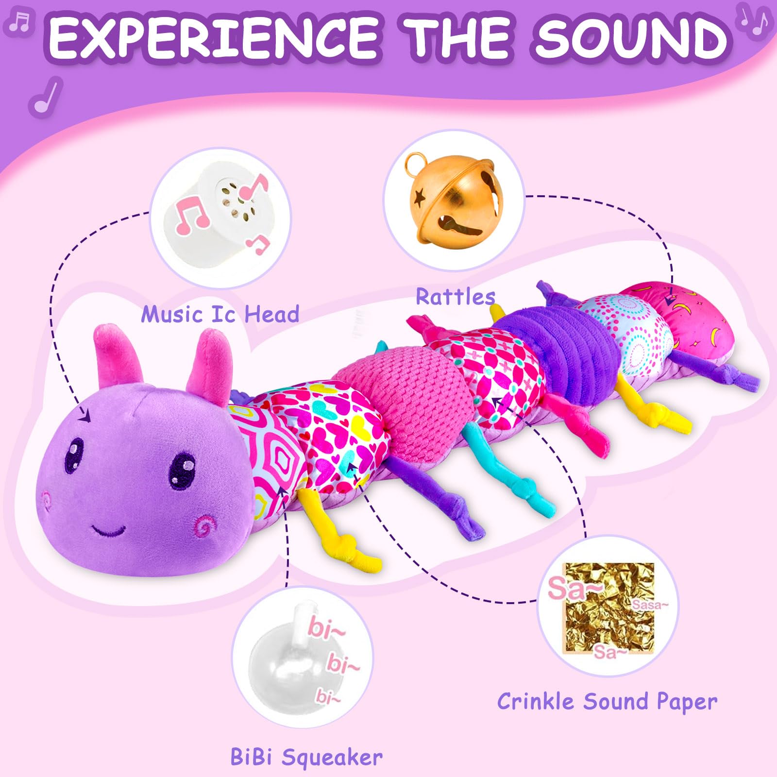 Soft Textured Baby Stuffed Animal Toy with Rattle & Crinkle Sounds - Sensory Developmental Toy for Infants 0-12 Months | Perfect Baby Shower Gift for Girls & Boys | Caterpillar Plush Toy in Purple for Tummy Time & Early Learning Play