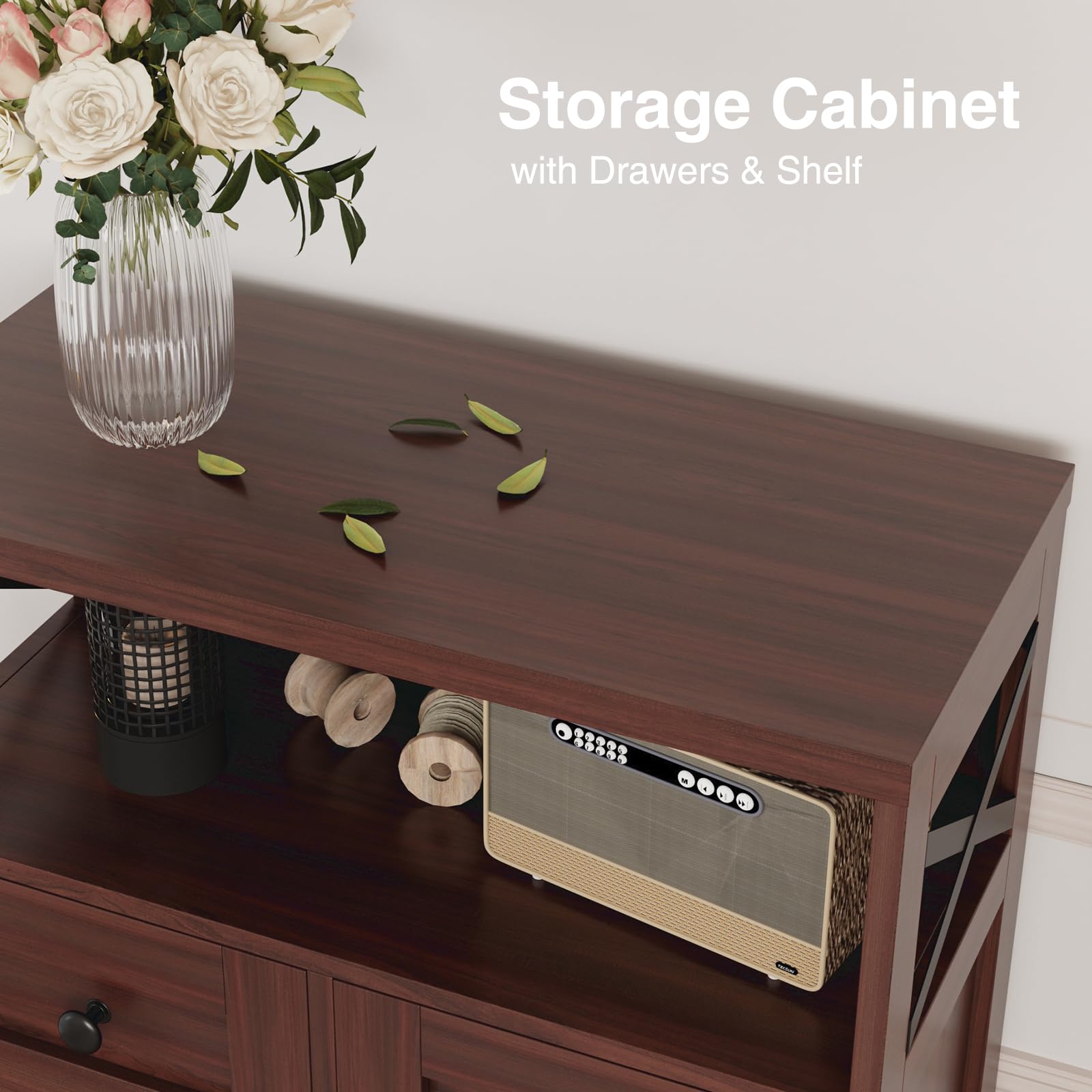 Dark Brown Storage Cabinet with Drawers and Shelves - Standing Kitchen Pantry Organizer, Floor Storage Hutch Cupboard for Coffee Bar Station | Perfect for Dining Room, Living Room & Home Office Organization