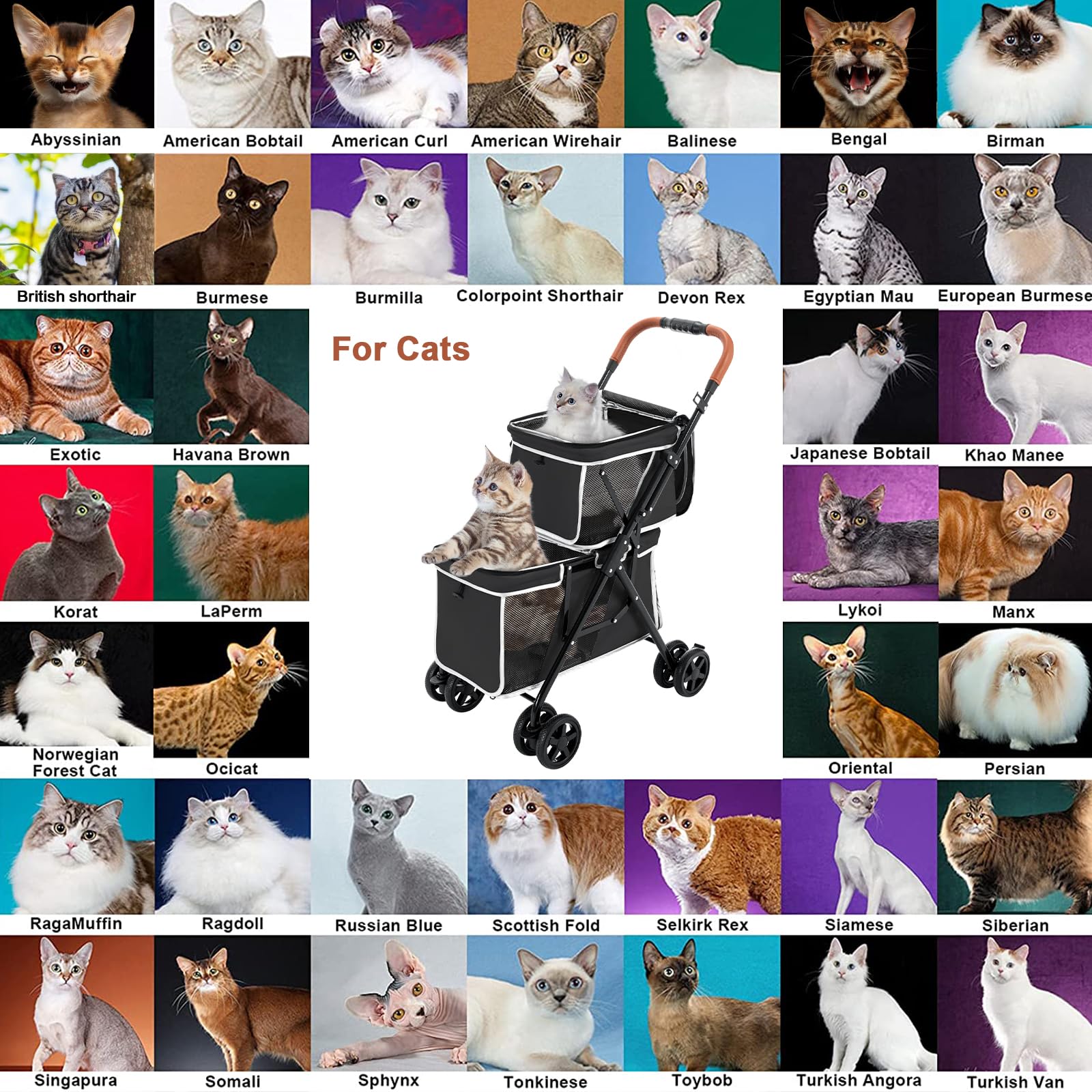 Double Pet Stroller for Dogs and Cats - Foldable 4-Wheel Travel Carrier for Small & Medium Pets - One-Hand Operation - Perfect for Park Walks, Vet Visits & Shopping Trips - Black