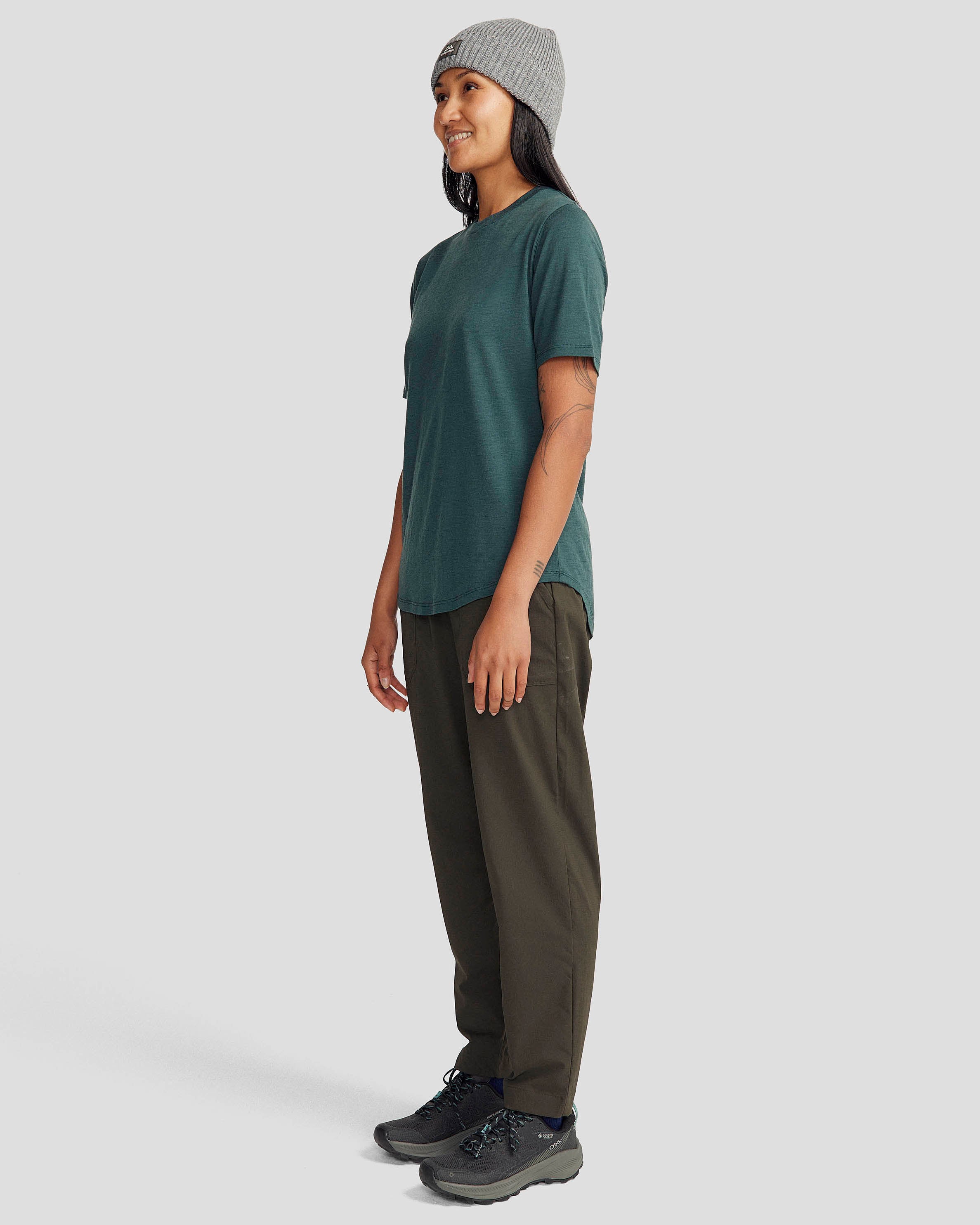 100% Merino Wool Short Sleeve Crew Neck T-Shirt for Women - Soft & Breathable Summer Top in Deep Forest Green - Perfect for Hiking, Travel & Outdoor Activities