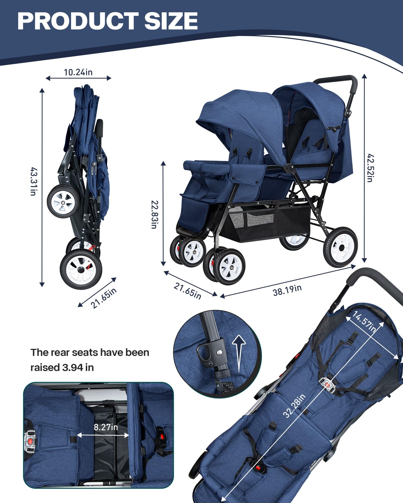 Premium Double Stroller for Infants & Toddlers - Foldable Tandem Baby Stroller with Adjustable Backrest, Mosquito Net & Accessories (Blue) - Perfect for Twins, Siblings or Daycare Outings