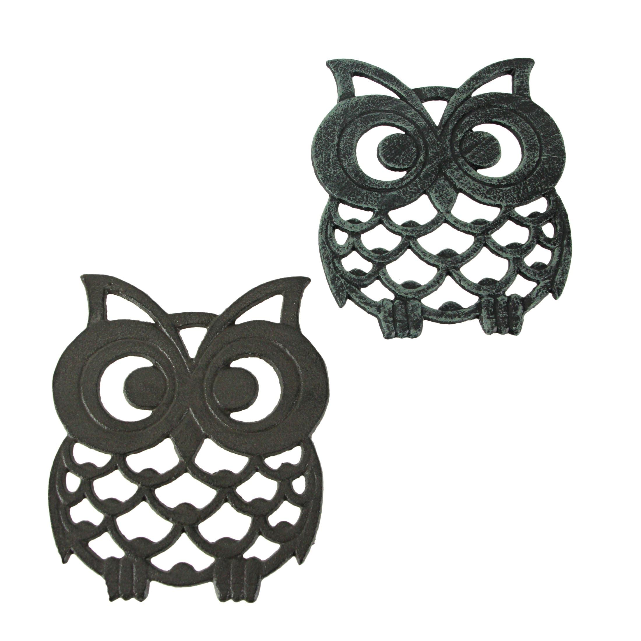 Set of 2 Rustic Brown and Verdigris Green Cast Iron Owl Table Trivets - Heat Resistant Kitchen Decor for Hot Pots & Pans - Perfect for Farmhouse, Cottage & Boho Style Home Decor