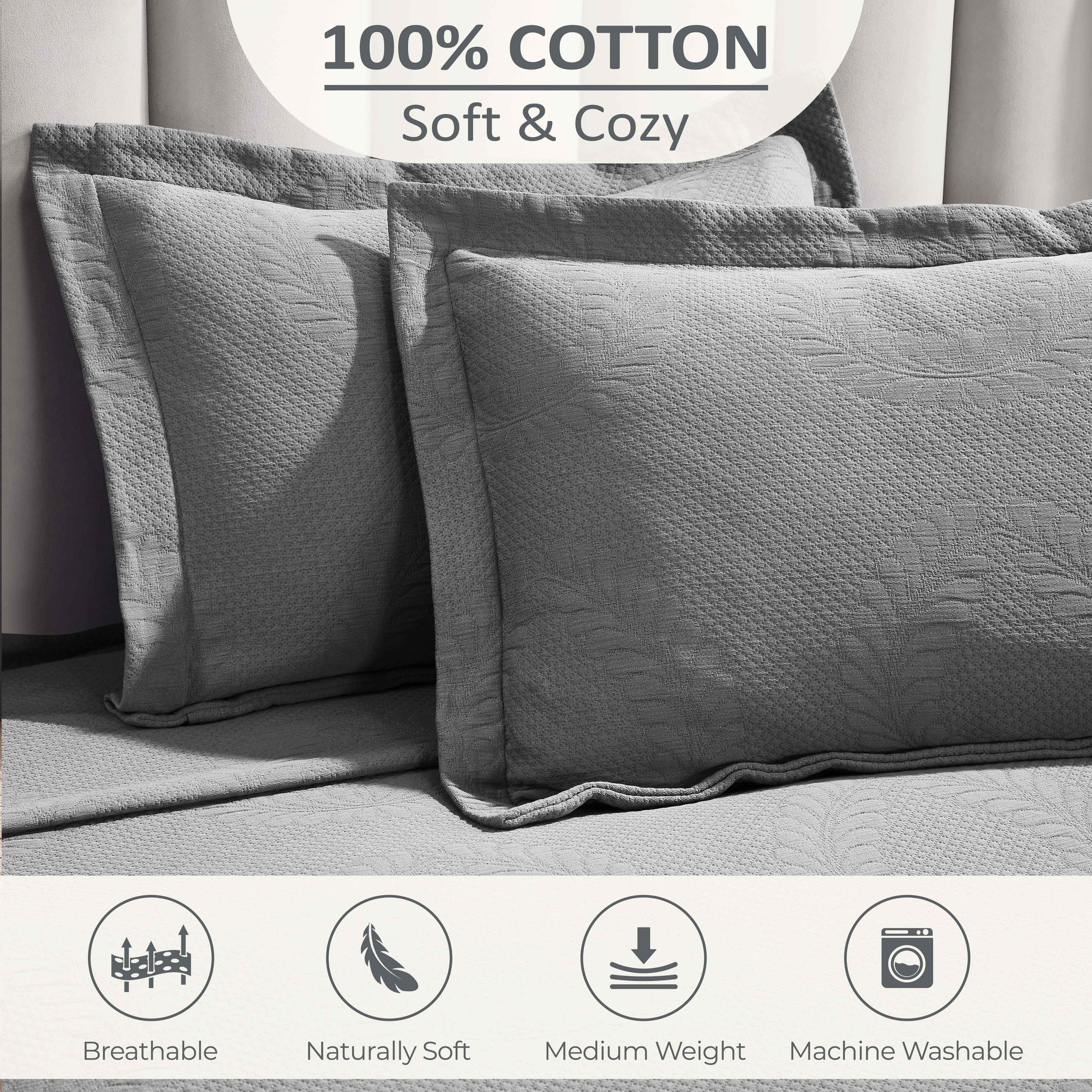 Peploi Cotton Medium Weight Matelasse Bedspread & Sham Set - Queen Size, Luxury Textured Bed Cover for Master Bedroom, Guest Room & Dorm Decor