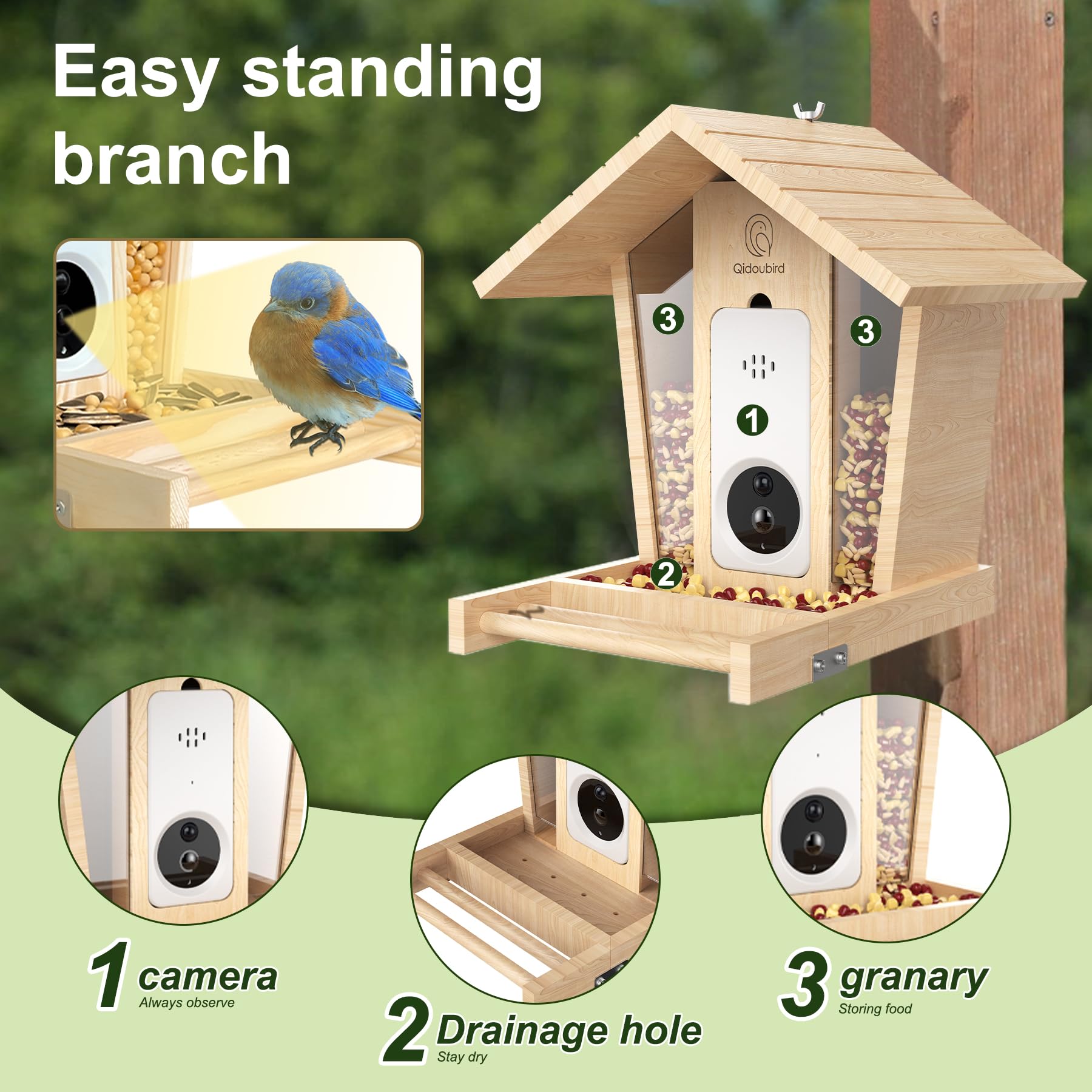 Solar Powered Smart Bird Feeder with Camera - 2K HD Auto Capture, Weatherproof Wooden Birdhouse with Live View - Perfect Gift for Bird Watching Enthusiasts (Backyard, Garden & Wildlife Observation)
