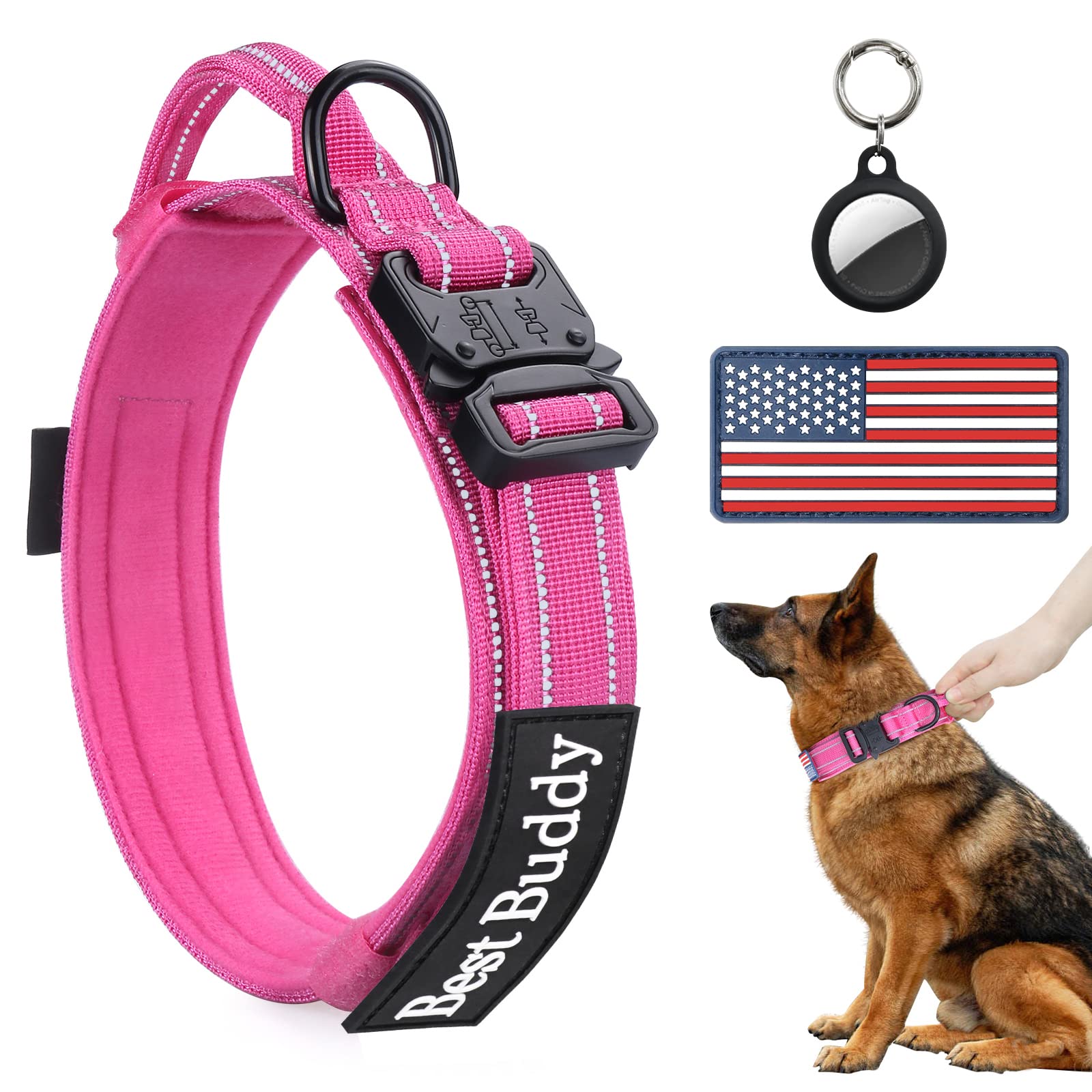 AUBELL Reflective Tactical Dog Collar - Adjustable Military K9 Collar with Handle, Quick Release Buckle & AirTag Case for Medium Dogs - Perfect for Night Walks, Training & Outdoor Adventures (Pink, Medium)