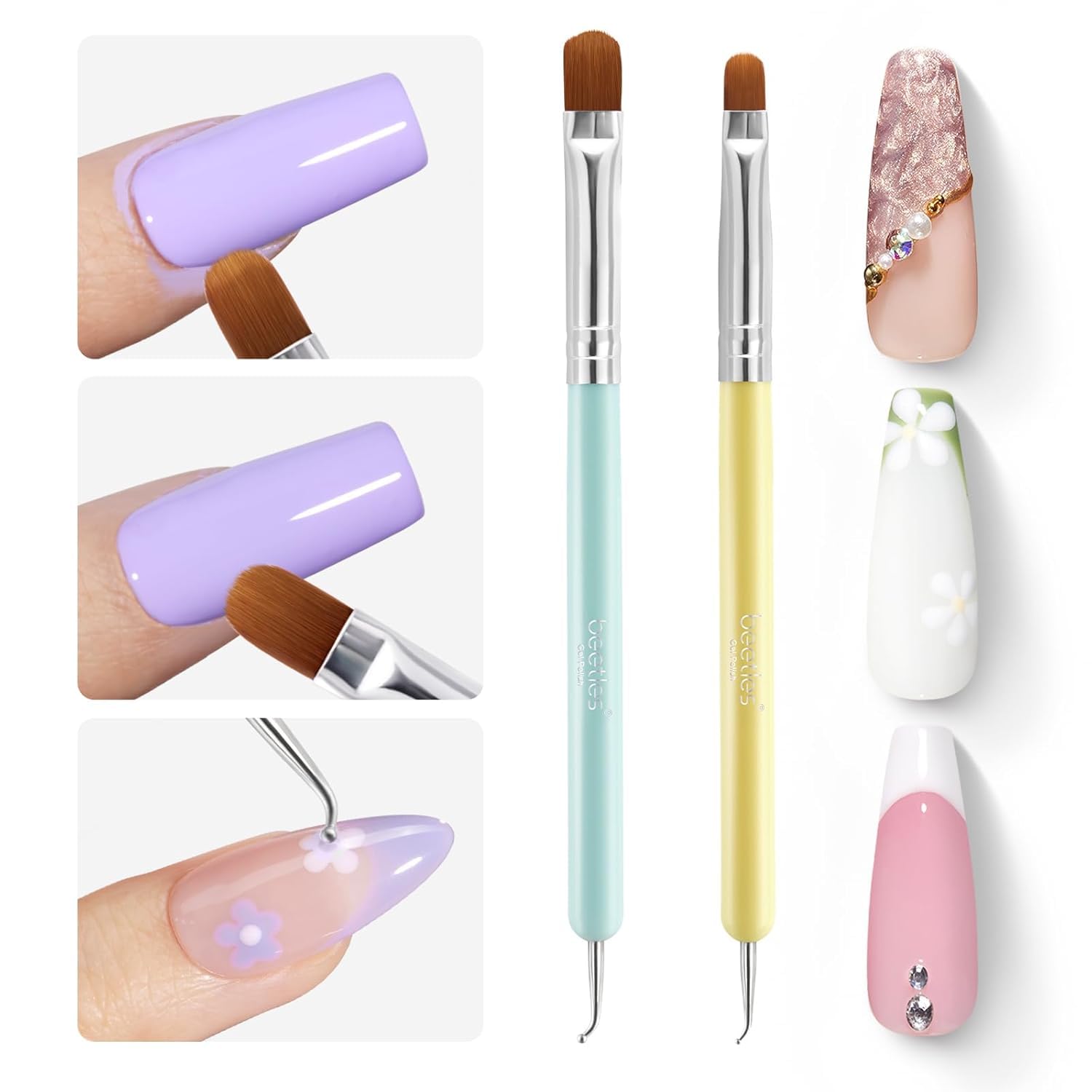 Beetles Nail Art Clean Up Brushes Set - 2 PCS Professional Nail Brushes with Dotting Tool for Acrylic Nails, French Tips & Nail Art Design (Size 16 + Size 6) | Perfect for Salon, Home Manicure & DIY Nail Art