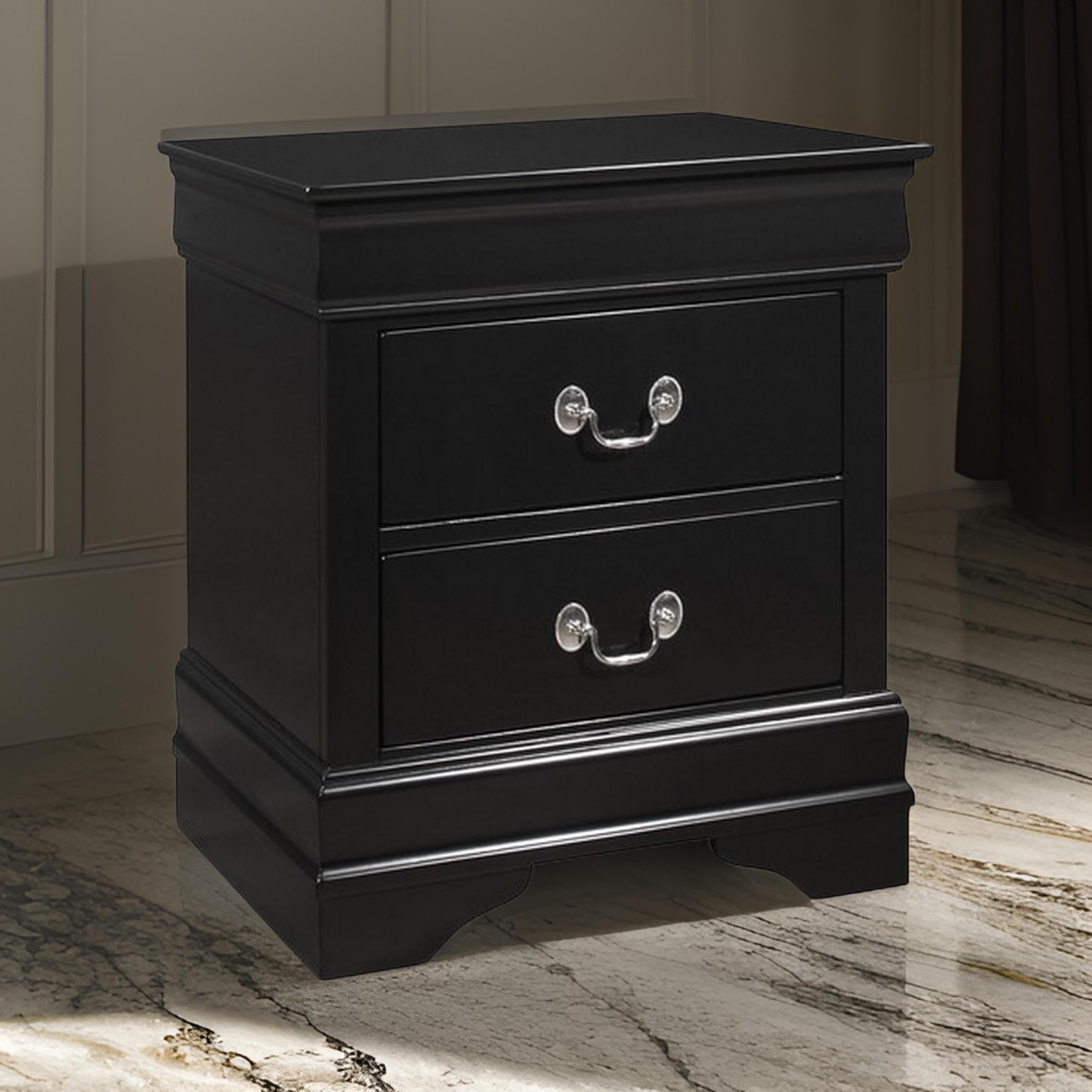 Benjara 2 Drawer Wooden Nightstand with Antique Metal Pulls - Black Bedside Table for Bedroom, Living Room, or Office Storage & Organization