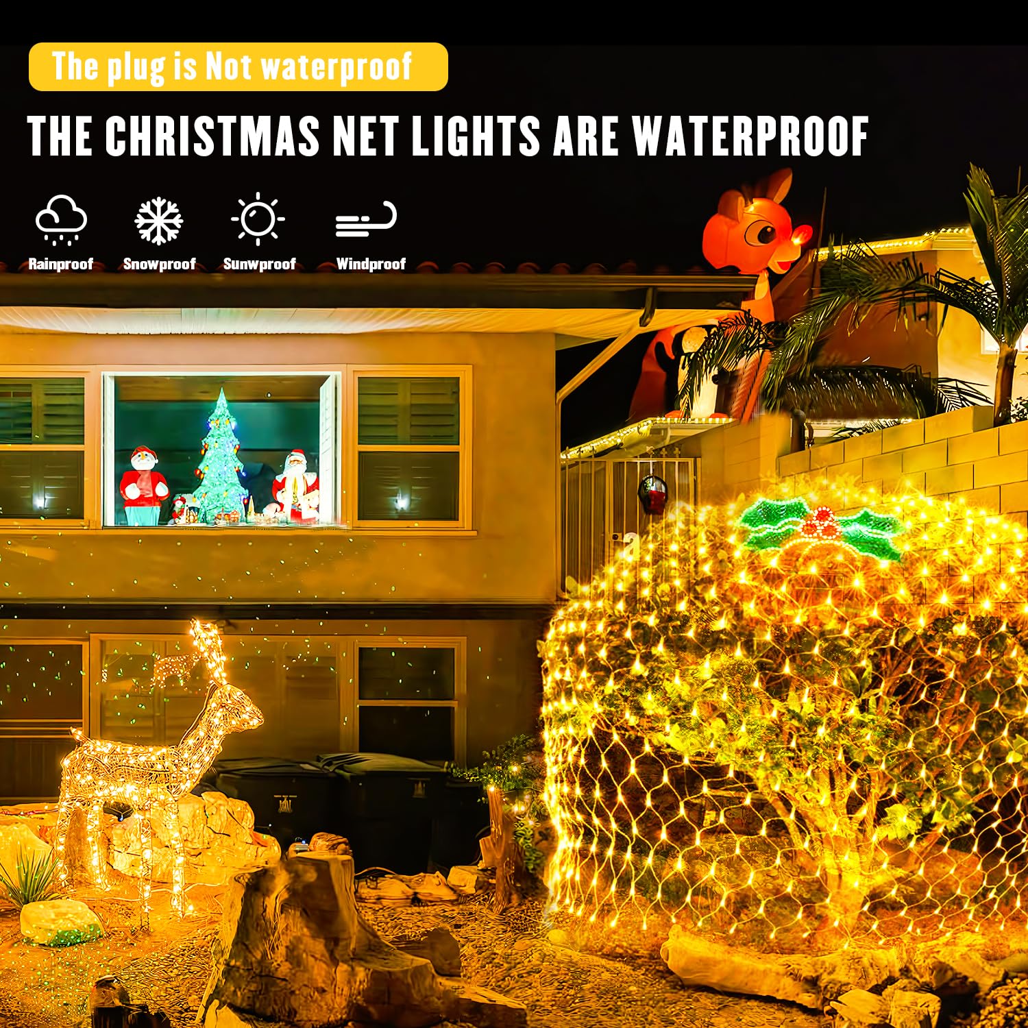 JMEXSUSS 360 LED Net Lights Outdoor - 12ft x 5ft Christmas Mesh Lights with Warm White Glow, Connectable Plug-in Design for Bushes, Trees & Holiday Decor (Transparent Wire) - Perfect for Christmas Tree Decoration, Garden Lighting, and Outdoor Holiday Displays