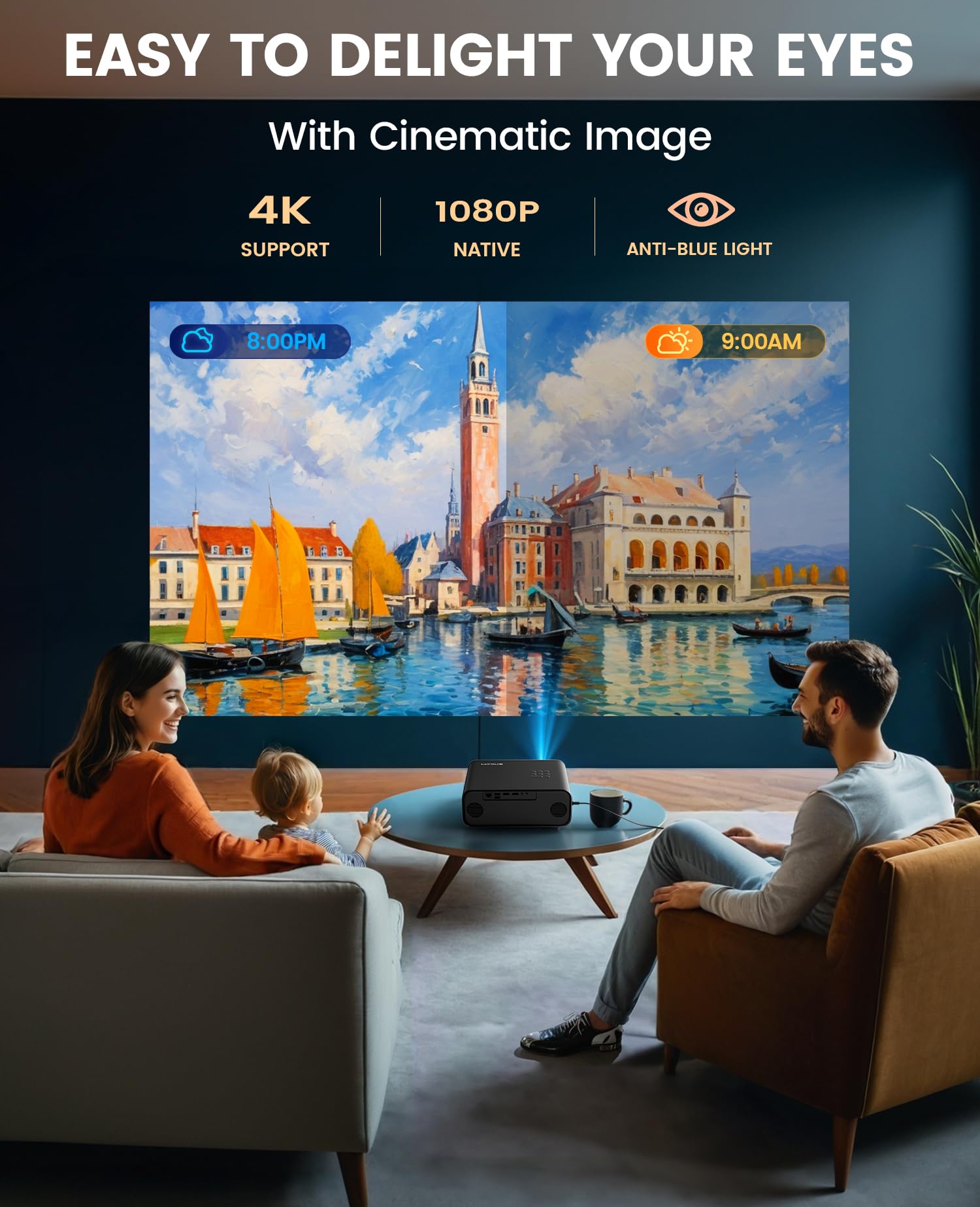 Auto Focus & Keystone Projector - 30000 Lumen WiFi 6 Bluetooth Full HD 1080P Portable Projector with 4K Support, 4D/4P Keystone Correction, 50% Zoom, 300