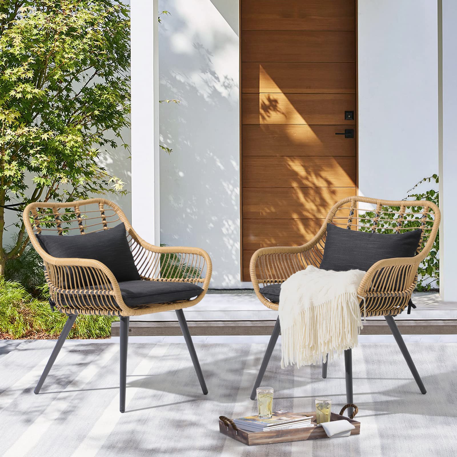 JOIVI 2-Piece Outdoor Wicker Chair Set with Cushions - Rattan Patio Dining Chairs with Armrests & Iron Frame - Weather-Resistant Garden Furniture for Balcony, Porch, Backyard, Poolside & Outdoor Entertaining - Black