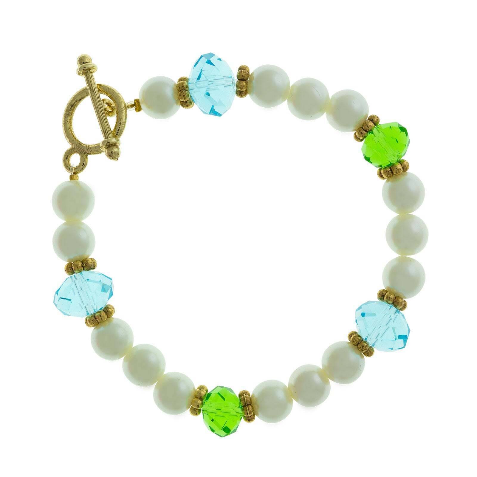 1928 Faux Pearl Aqua Green Bead Toggle Bracelet for Women - Vintage Style Jewelry Gift for Party, Wedding & Special Occasions