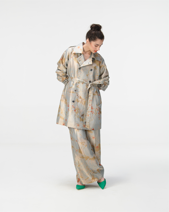 Elegant Ice Blue Silk Brocade Trench Coat - Vintage Inspired Women's Outerwear for Formal Events & Evening Occasions