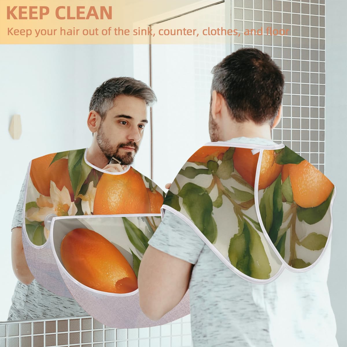 Orange Fruit Flower Beard Shaving Bib for Men - Waterproof Barber Apron for Hair Dye & Makeup - Sink Hair Catcher for Beard Trimming & Lineup - Perfect Gift for Barbers & Stylists (Great for Home Grooming & Salon Use)
