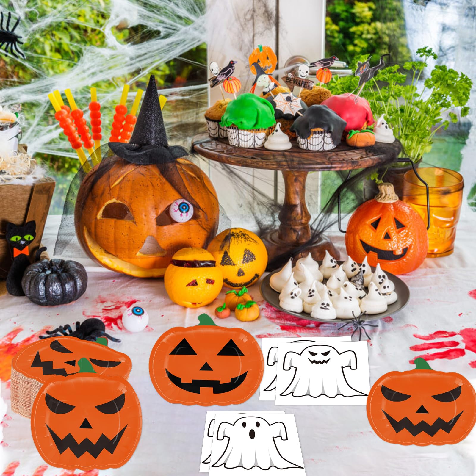 100 Pcs Halloween Paper Plates & Napkins Set - Spooky Themed Party Supplies for Halloween, Birthday, Dinner - Disposable Tableware Serves 50 Guests - Perfect for Trick or Treat, Haunted House, Costume Party Decorations