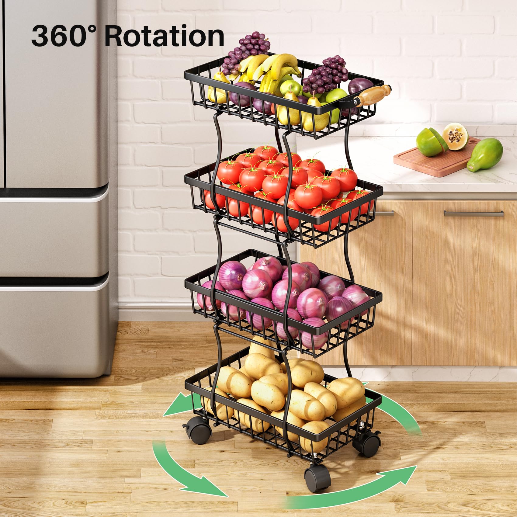4-Tier Stackable Metal Wire Basket Organizer for Kitchen Pantry - Fruit, Vegetable, Snacks, Jars Storage | Space-Saving Home Organization for Countertop, Cabinet, or Refrigerator | Black
