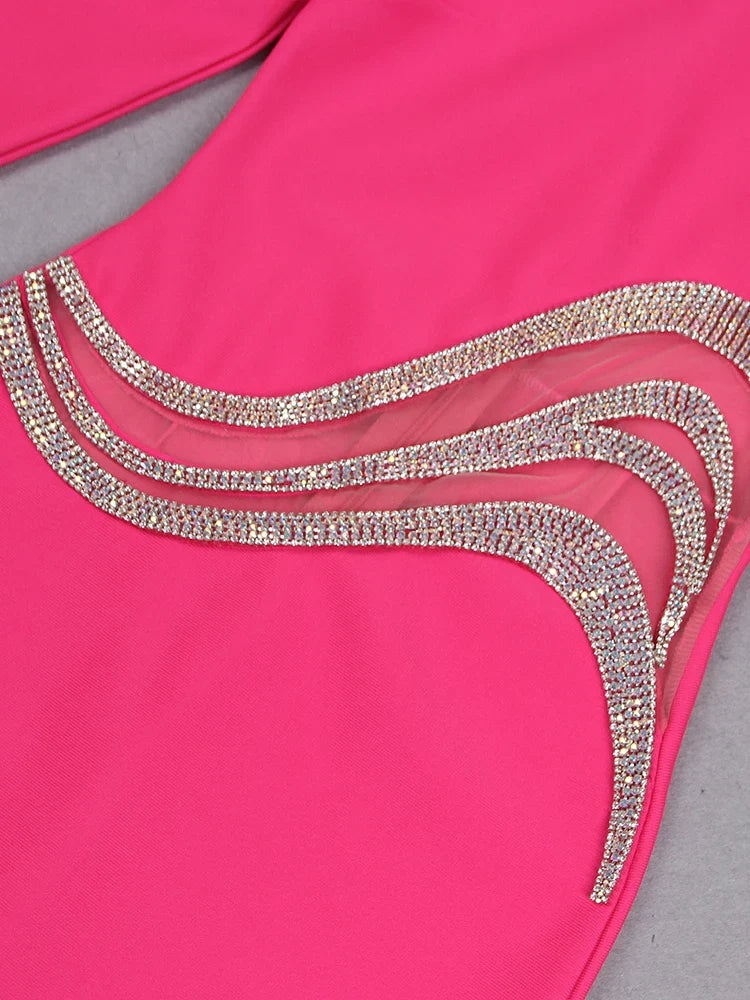 BEVENCCEL Women's One Shoulder Long Sleeve Mesh Patch Diamond Bandage Dress - Elegant Sexy Clubwear for Evening Parties, Night Out, Date Night & Special Occasions