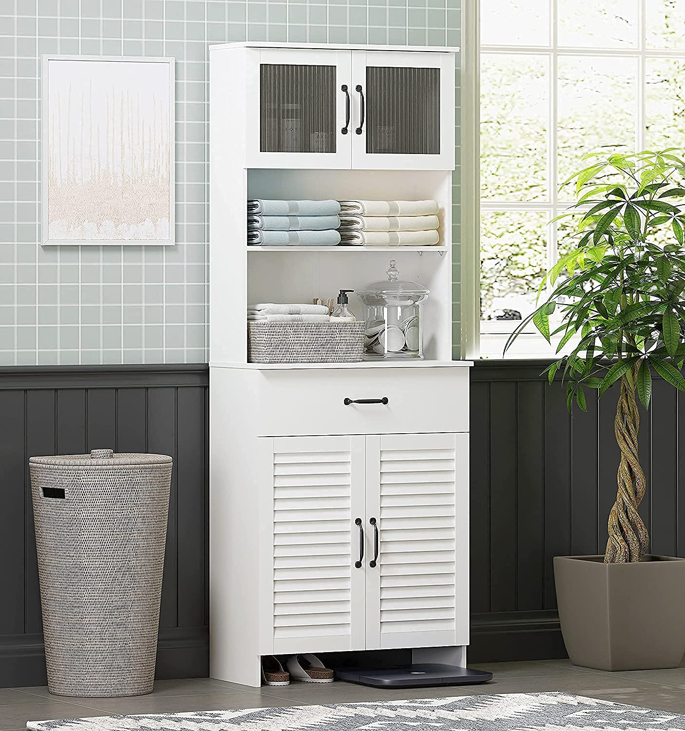 Tall Bathroom Storage Cabinet with Doors & Drawers - White for Bathroom, Living Room, Kitchen
