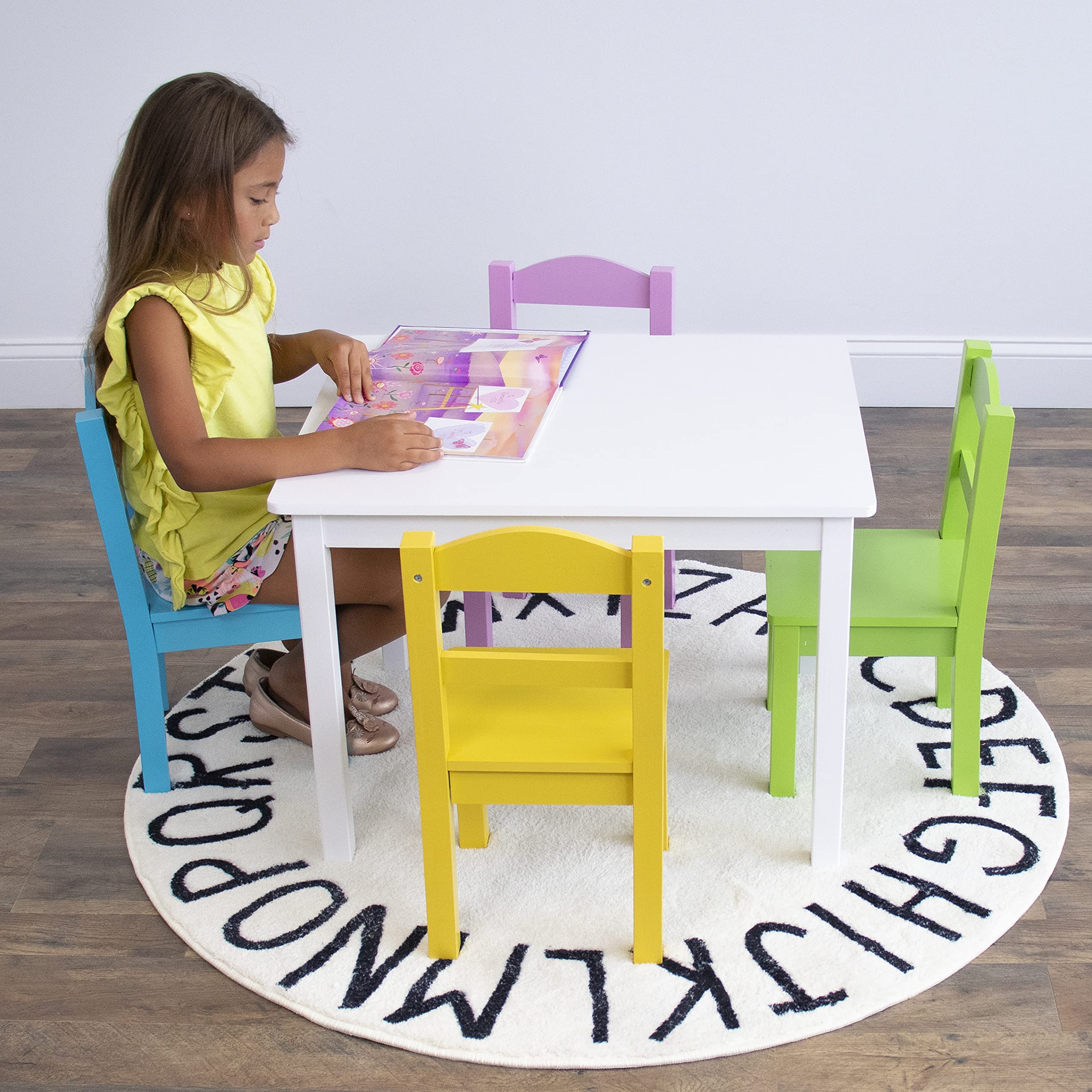 Humble Crew Kids Wooden Table and 4 Chairs Set - White/Pastel Toddler Activity Table for Arts, Crafts & Snack Time - Sturdy & Durable Children's Furniture for Playroom, Classroom & Home Learning