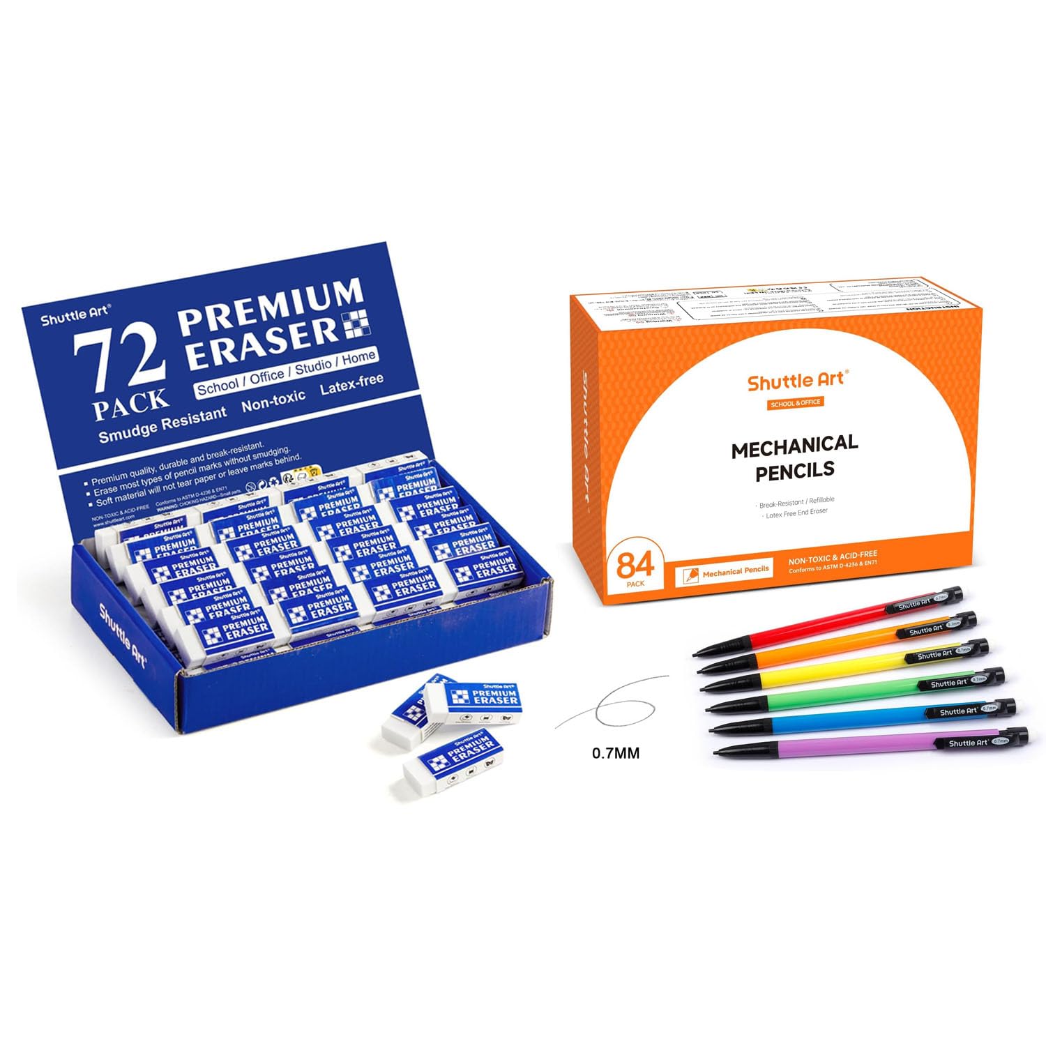 Shuttle Art 72-Pack Premium White Erasers & 84-Pack Bulk Mechanical Pencils Bundle - School Supplies for Students, Office & Art Projects