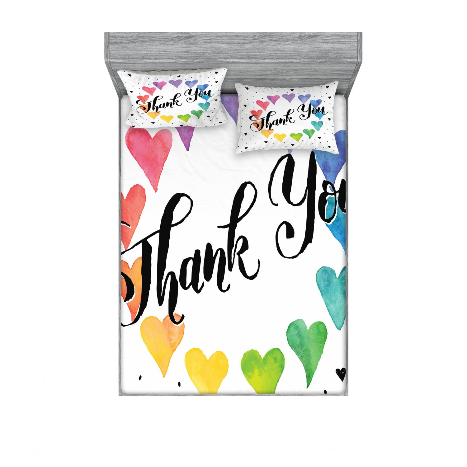 Ambesonne Romantic 2-Piece Queen Size Bedding Set - 2 Fitted Sheets & 4 Pillow Shams with Thank You Words Design, Multicolor Floral Bedroom Decor for Guest Room, Master Bedroom or Dorm Essentials