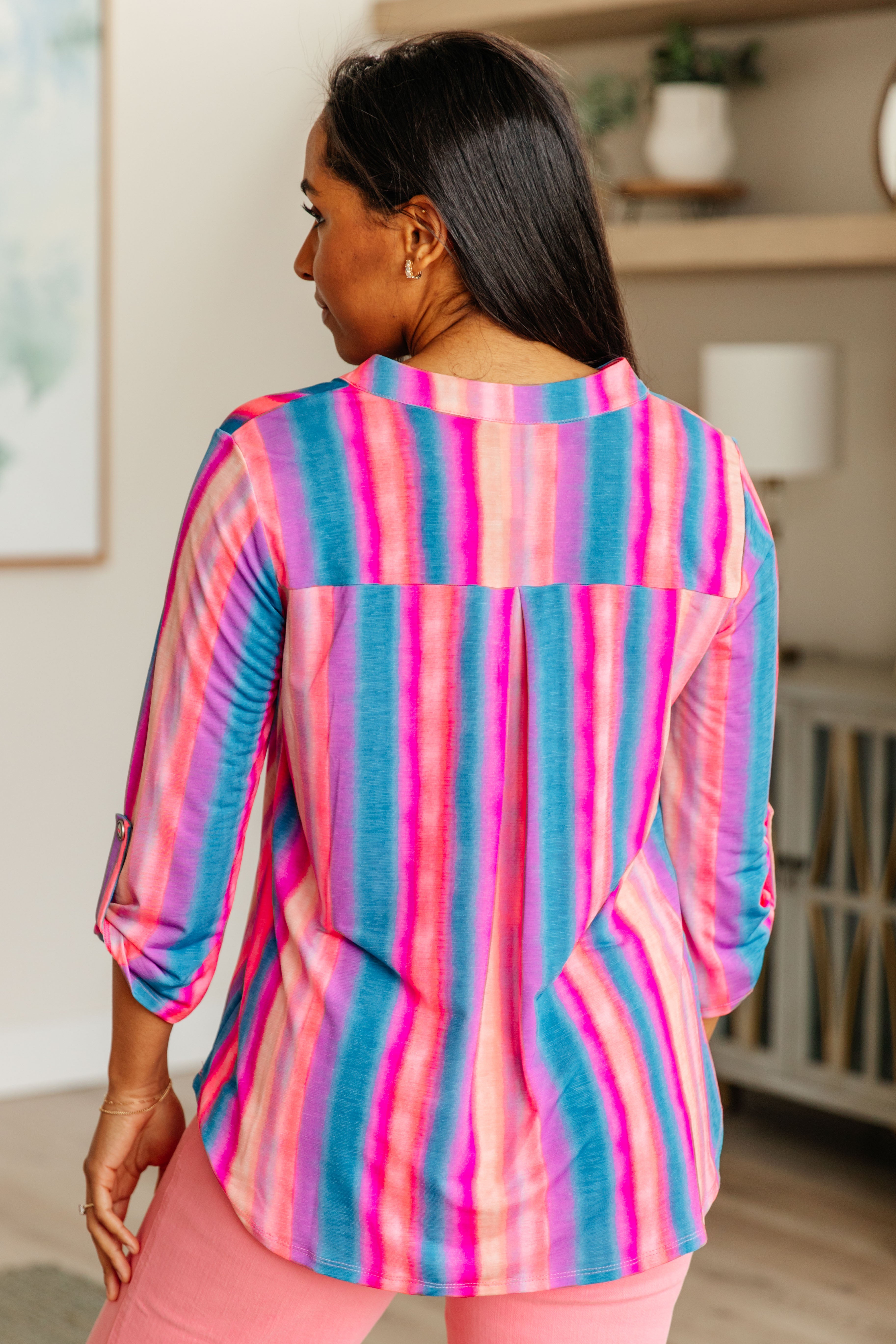 Lizzy Top - Blue and Pink Striped Women's T-Shirt | Casual Summer Tee for Outfits, Beach & Everyday Wear
