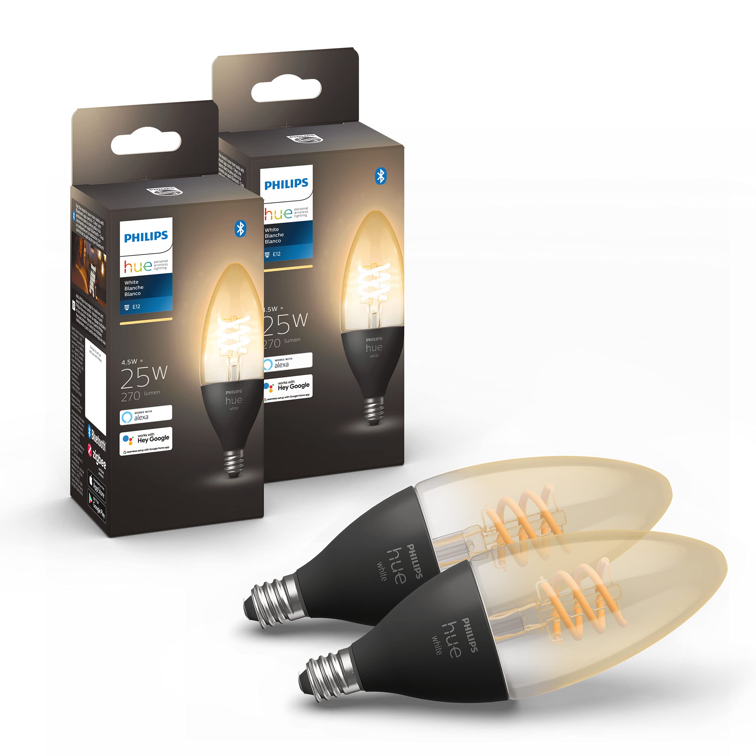 Philips Hue White Dimmable Smart Filament Candle LED Bulb - 2 Pack Vintage Edison Style 2100K Warm White, Bluetooth & Hub Compatible (Works with Alexa, Google Assistant) - Perfect for Bedroom, Living Room & Restaurant Ambiance Lighting