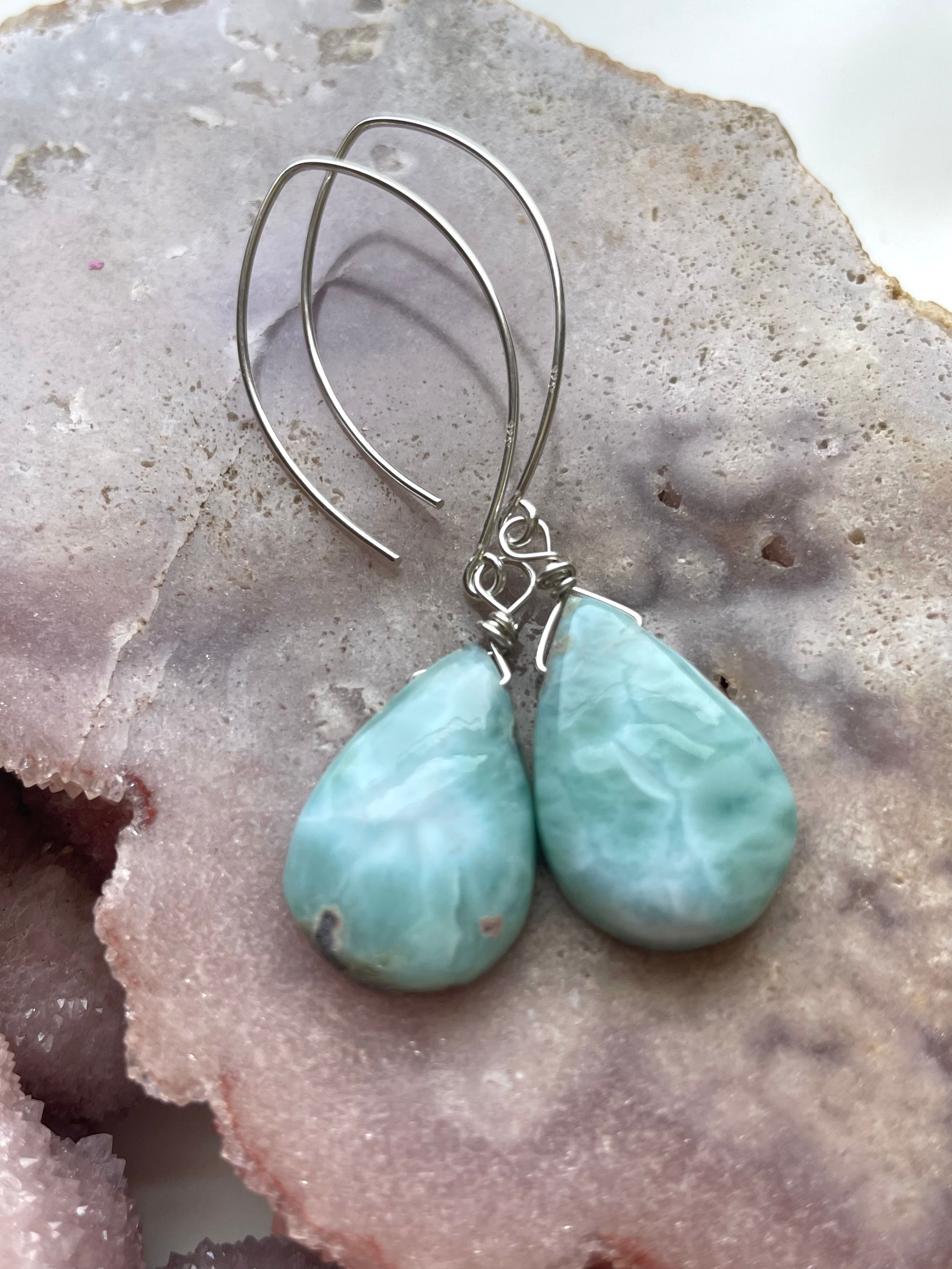 Long Larimar Earrings Dangle Sterling Silver – Handmade Gemstone Jewelry for Women, Boho Chic Accessories | Perfect for Weddings, Parties & Everyday Wear