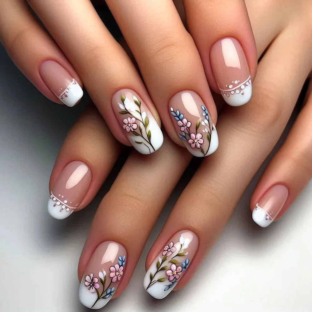 24Pcs Press on Fake Nails with Jelly Glue - Almond Shaped Acrylic Nails with Fresh Flowers French Design for Summer | DIY Manicure at Home, Perfect for Parties, Weddings & Daily Wear