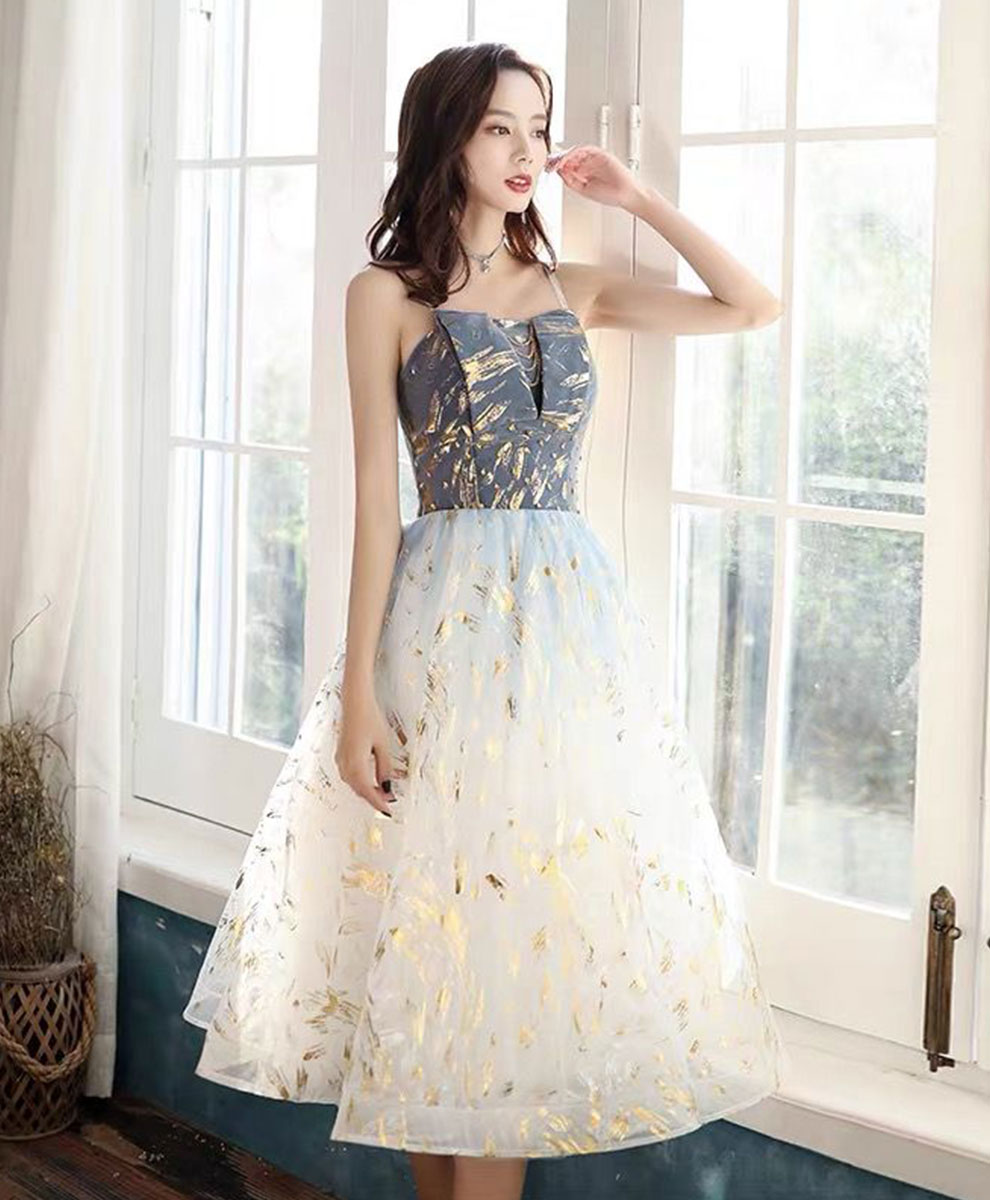 Elegant Blue & Champagne Tulle Lace Short Prom Dress | Homecoming Party Gown | Perfect for Prom Night, Homecoming Dance & Special Occasions