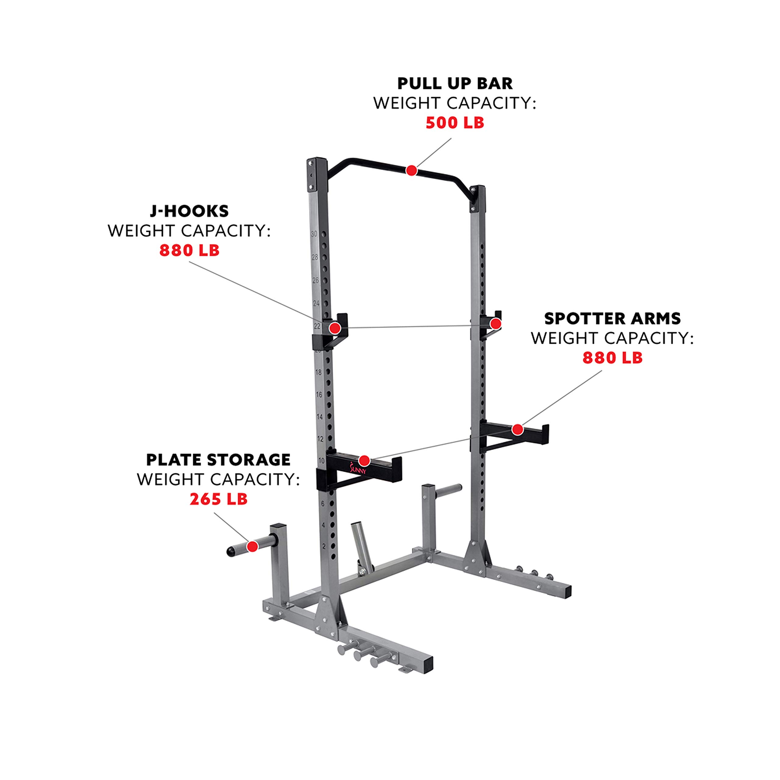 Sunny Health & Fitness Power Cage & Squat Rack - Heavy Duty 1000lb Capacity with Adjustable J-Hooks, Pull-Up Bar, Weight Plate Storage & Resistance Band Attachments for Home Gym Strength Training & CrossFit Workouts