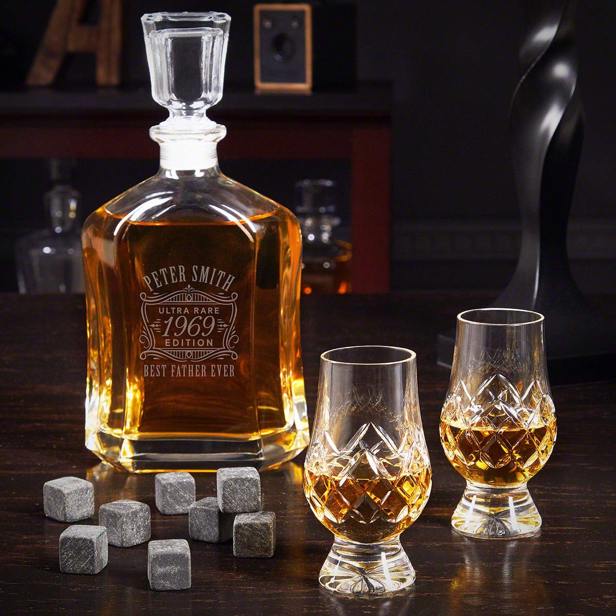 Personalized Whiskey Decanter Set with Engraved Design, 2 Crystal Snifter Glasses & Whiskey Stones - Premium Home Bar Accessories for Gifts, Anniversary & Bourbon Tasting | HomeWetBar