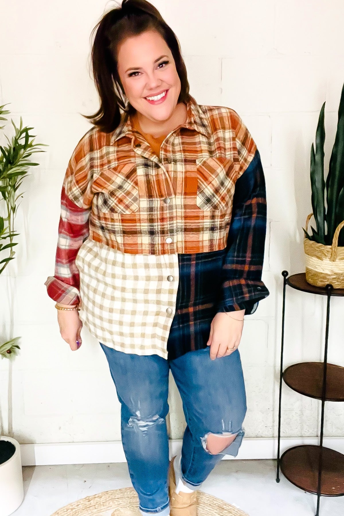 Stylish Multicolor Plaid Snap Button Shacket for Women - Trendy Fall & Winter Layering Piece for Casual Outfits and Outdoor Activities